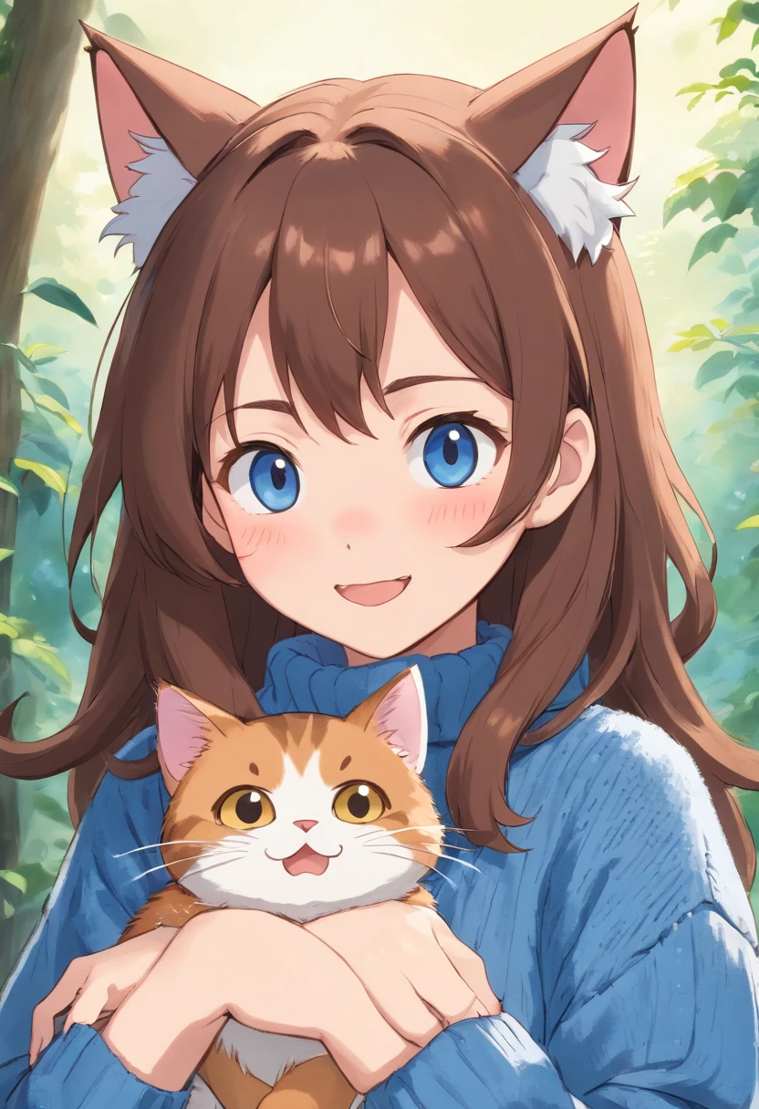 Soft, cute adult neko with puffy brown hair wearing a loose fuzzy blue sweater, adorable, has cat fangs and a blushy look on her face, OwO