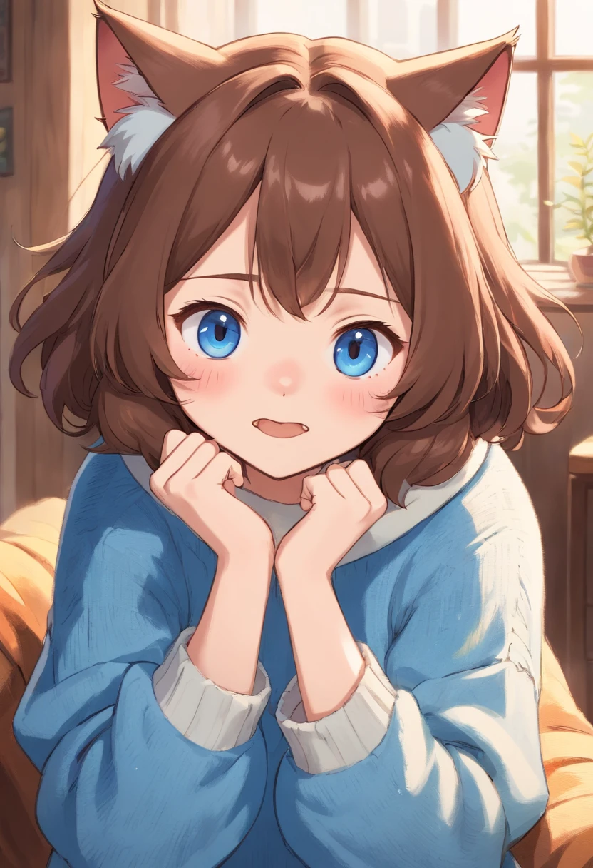 Soft, cute adult neko with puffy brown hair wearing a loose fuzzy blue sweater, adorable, has cat fangs and a blushy look on her face, OwO