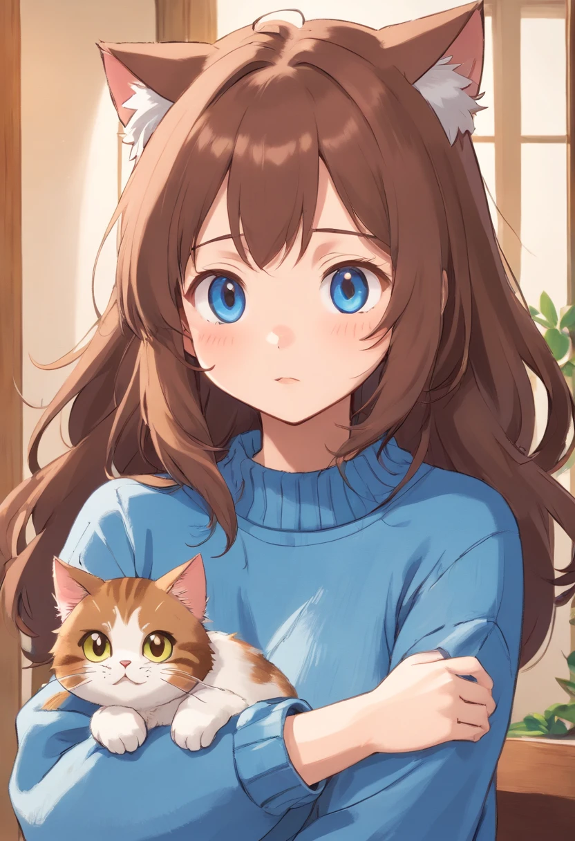 Soft, cute adult neko with puffy brown hair wearing a loose fuzzy blue sweater, adorable, has cat fangs and a blushy look on her face, OwO