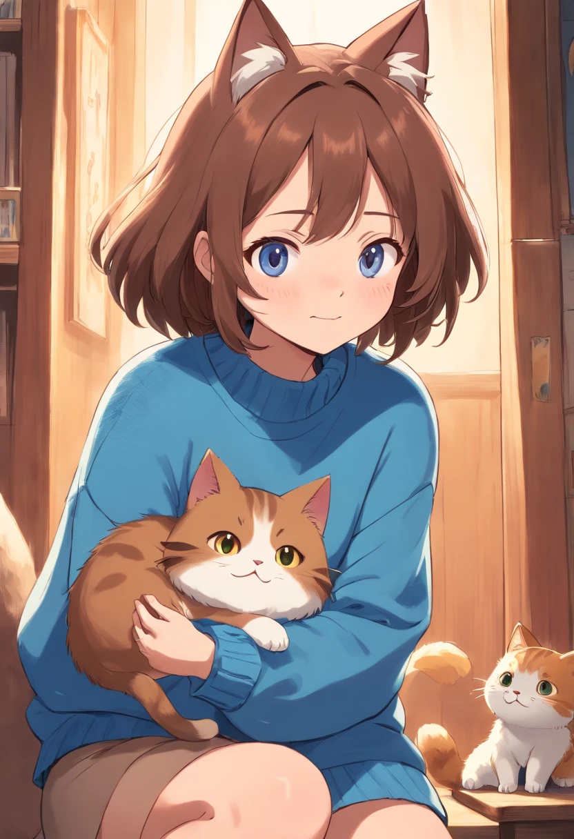 Soft, cute adult neko with puffy brown hair wearing a loose fuzzy blue sweater, adorable, has cat fangs and a blushy look on her face, OwO