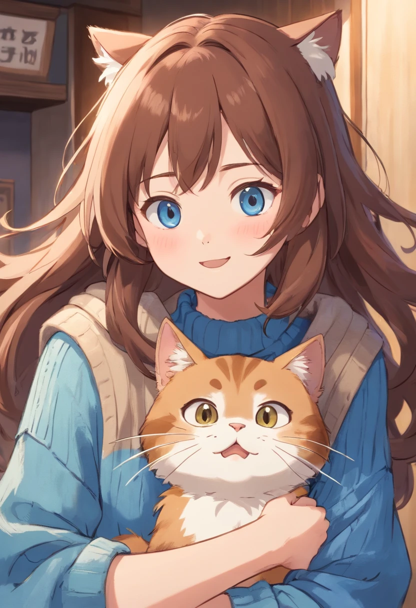 Soft, cute adult neko with puffy brown hair wearing a loose fuzzy blue sweater, adorable, has cat fangs and a blushy look on her face, OwO