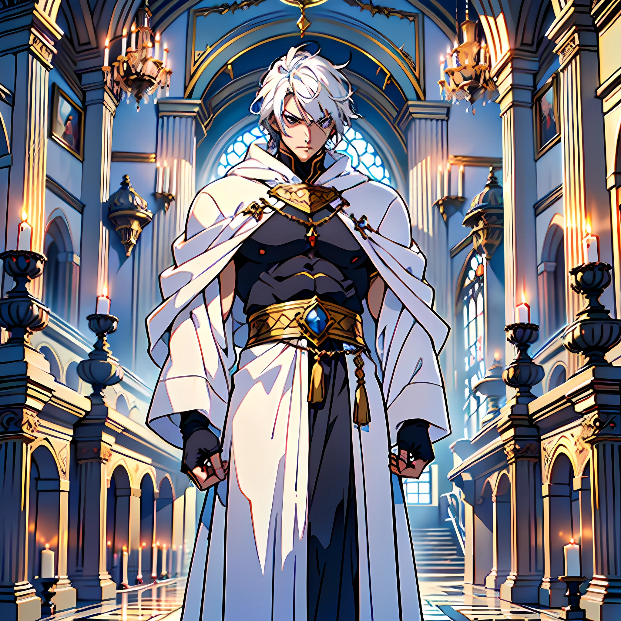 ((Best quality, full HD, 4K, masterpiece, best sharpness, anime features)), ((fantasy setting, medieval setting)), man of good physique, bluish white hair, penetrating eyes, serious man, robes nobles, white robes, white cloak with blue details, ((epic castle, clean setting, organized place, lit by candles)).