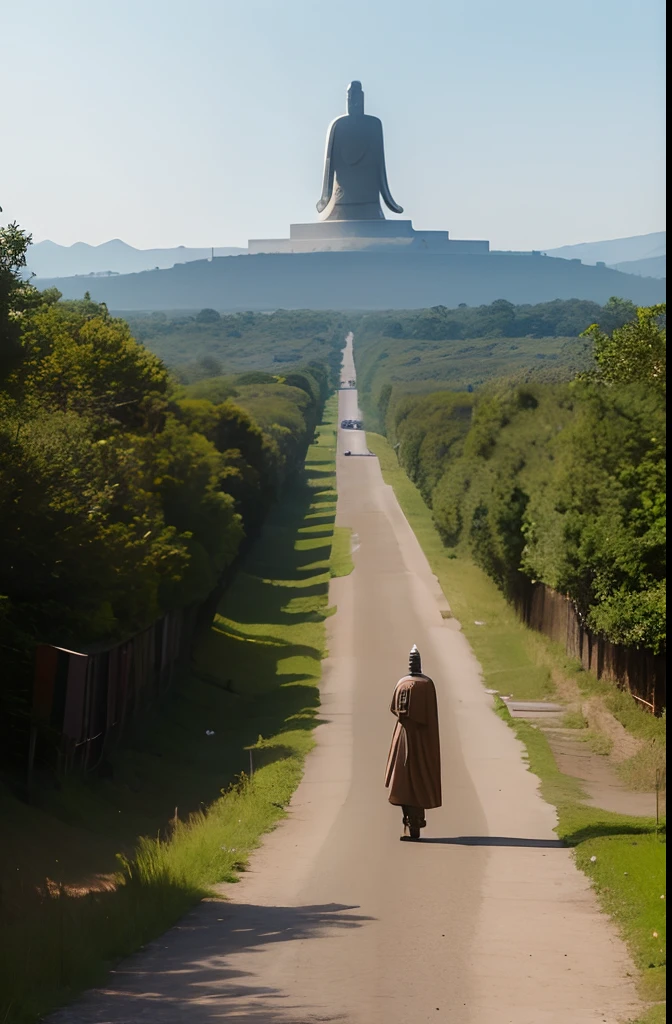 A giant tall Buddha statue in the distance，Pilgrims on the road