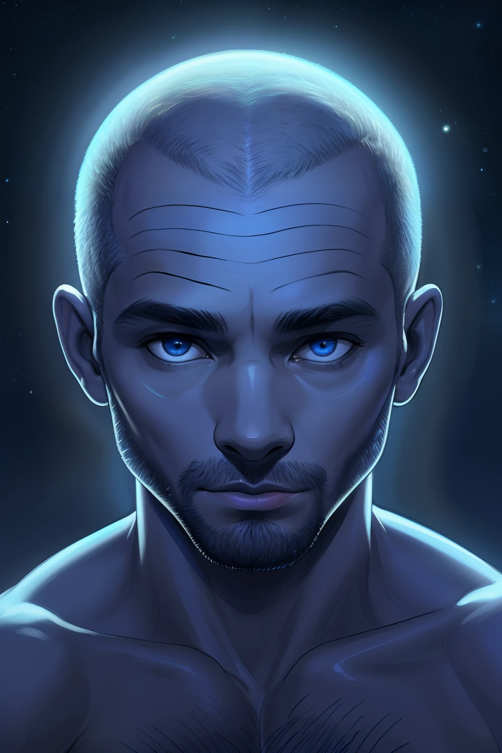 homem ,careca sem cabelo, de os olhos azul,arte de luz neon, No escuro da noite, Um navio alto navega pelos mares iluminados pela ,lua, Estrelas, colorido, circunstanciado, 4k