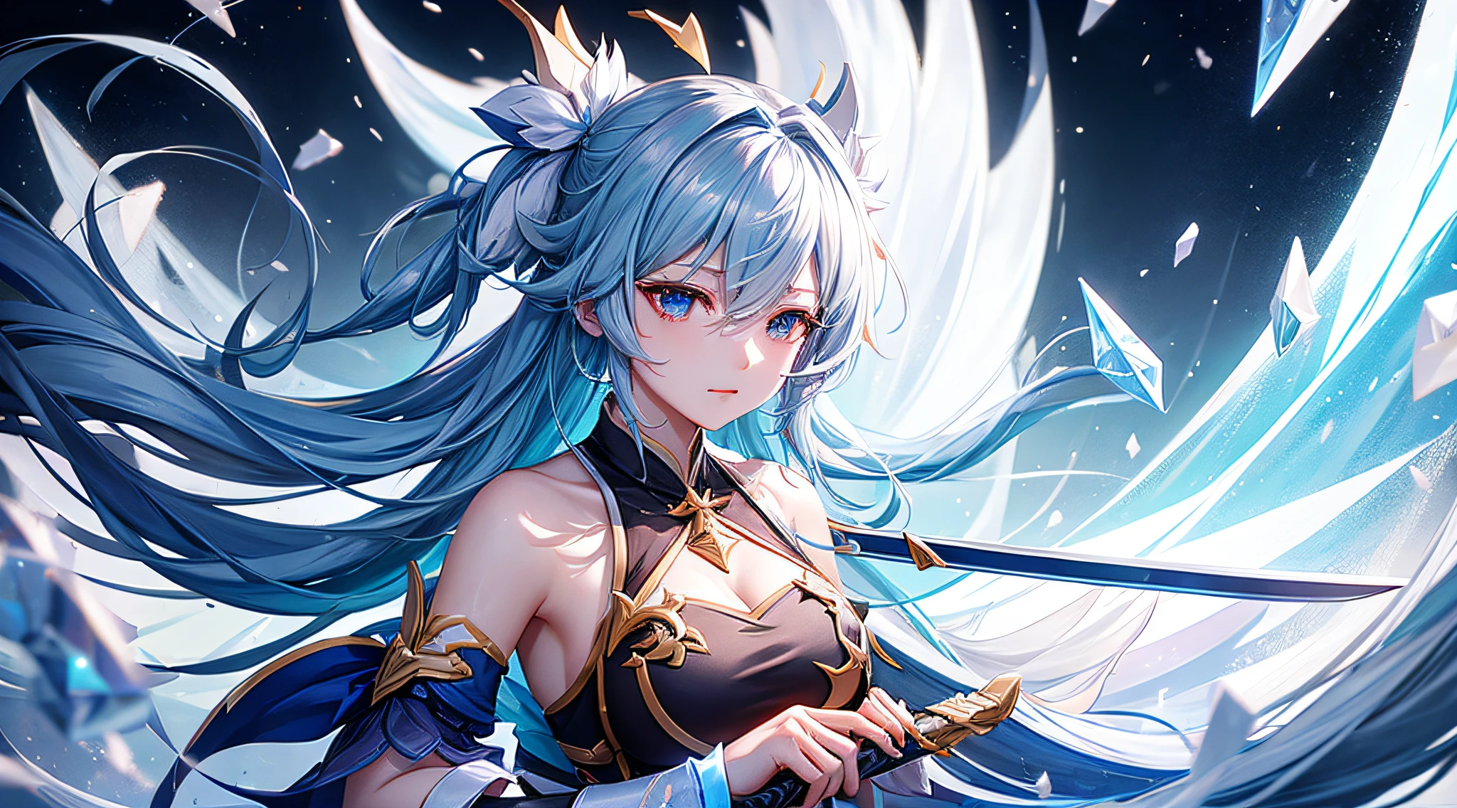 Jingliu from Honkai Star Rail while she is holding her sword in front of her chest and meanwhile ice shards falling down on her