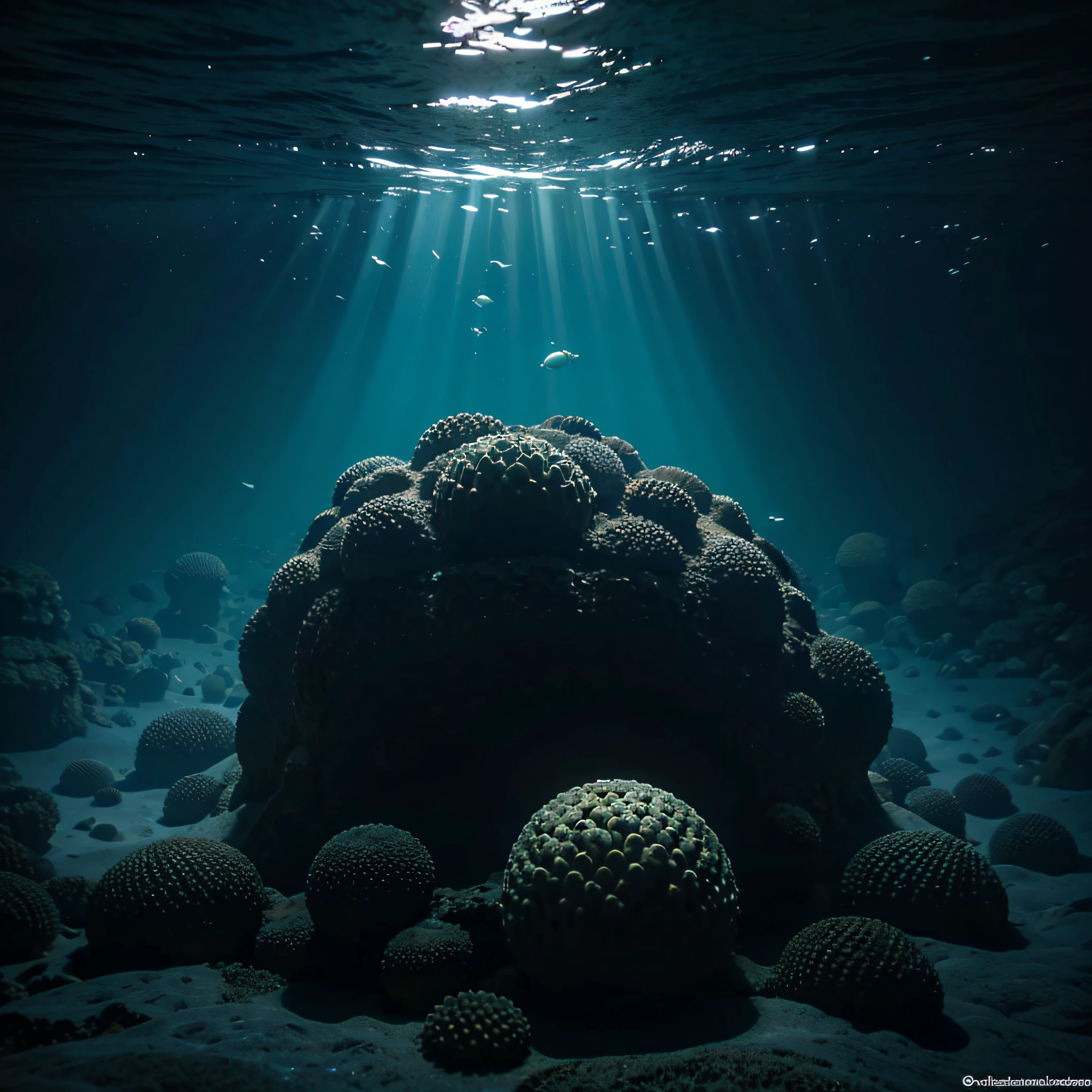 (extremadamente detallado, obra maestra, La mejor calidad, Under the Ocean), Estilo oscuro, volumetric illumination. textura de babosa, piel de caracol. ahogados flotando de fondo. Rococo composition.