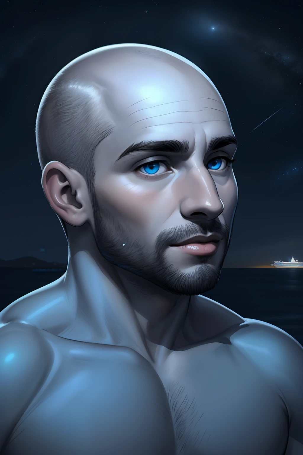 homem ,careca sem cabelo, de os olhos azul,arte de luz neon, No escuro da noite, Um navio alto navega pelos mares iluminados pela ,lua, Estrelas, colorido, circunstanciado, 4k