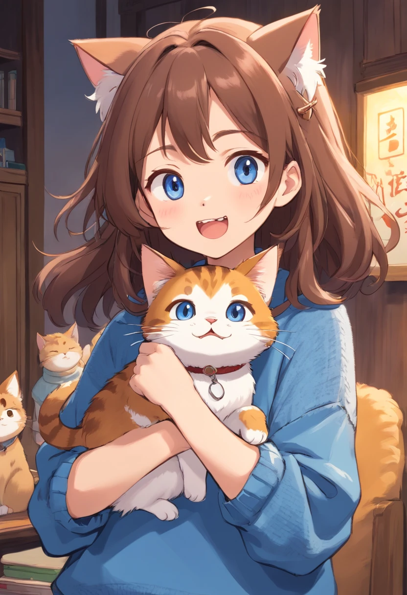 Soft, cute adult neko with puffy brown hair wearing a loose fuzzy blue sweater, adorable, has cat fangs and a blushy look on her face, OwO