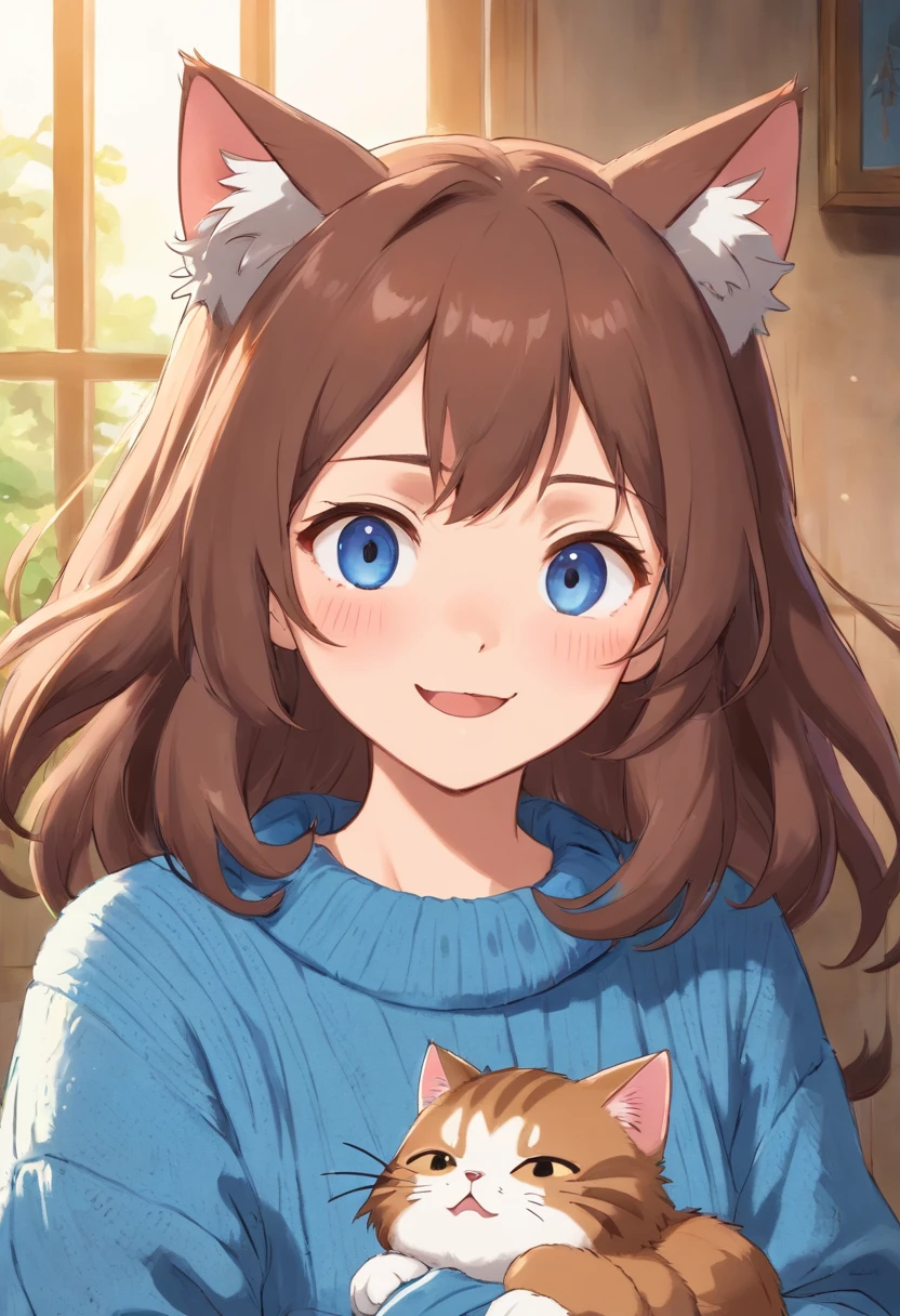 Soft, cute adult neko with puffy brown hair wearing a loose fuzzy blue sweater, adorable, has cat fangs and a blushy look on her face, OwO