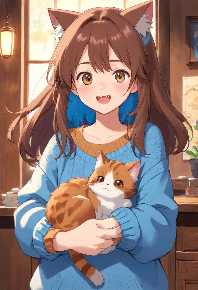 Soft, cute adult neko with puffy brown hair wearing a loose fuzzy blue sweater, adorable, has cat fangs and a blushy look on her face, OwO