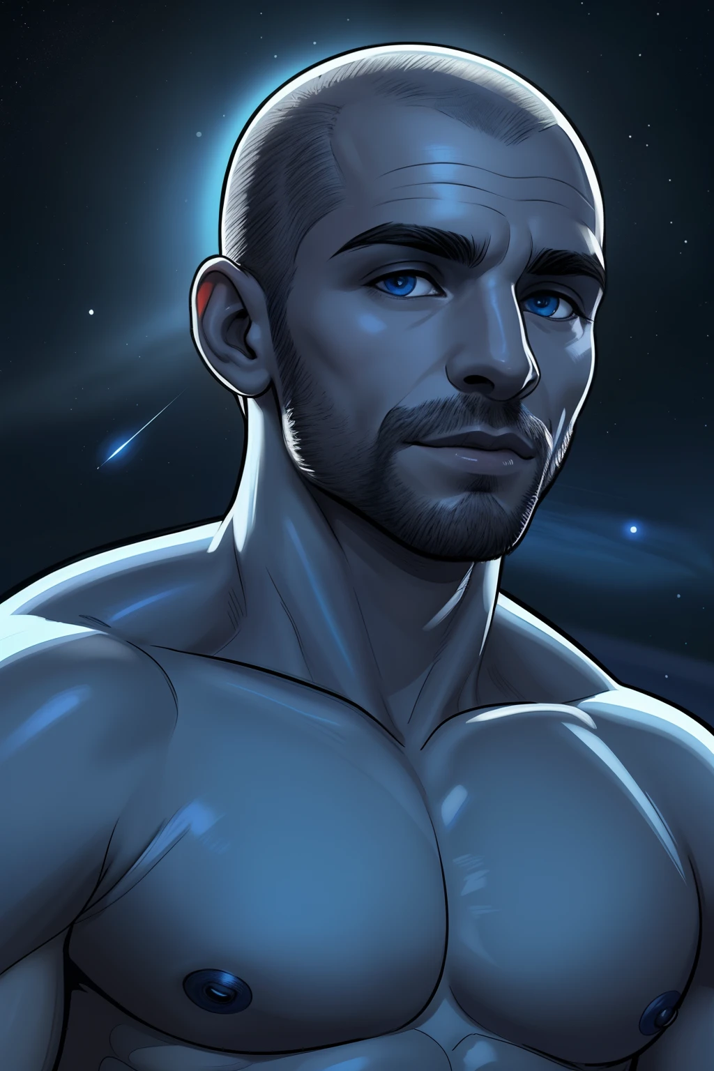 homem ,careca sem cabelo, de os olhos azul,arte de luz neon, No escuro da noite, Um navio alto navega pelos mares iluminados pela  ,lua, Estrelas, colorido, circunstanciado, 4k