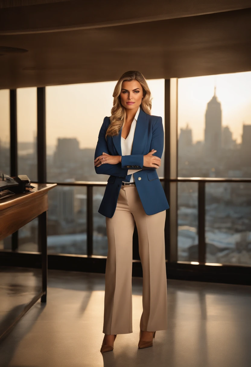 full body shot of blonde brown eyed woman, face of carmen electra, in a blue blazer and beige business pants standing in front of a desk, business clothes, panoramic view of city, Raw photo, highly detailed skin ,8K UHD, dslr, soft lighting, high quality, film grain, Fujifilm XT3.