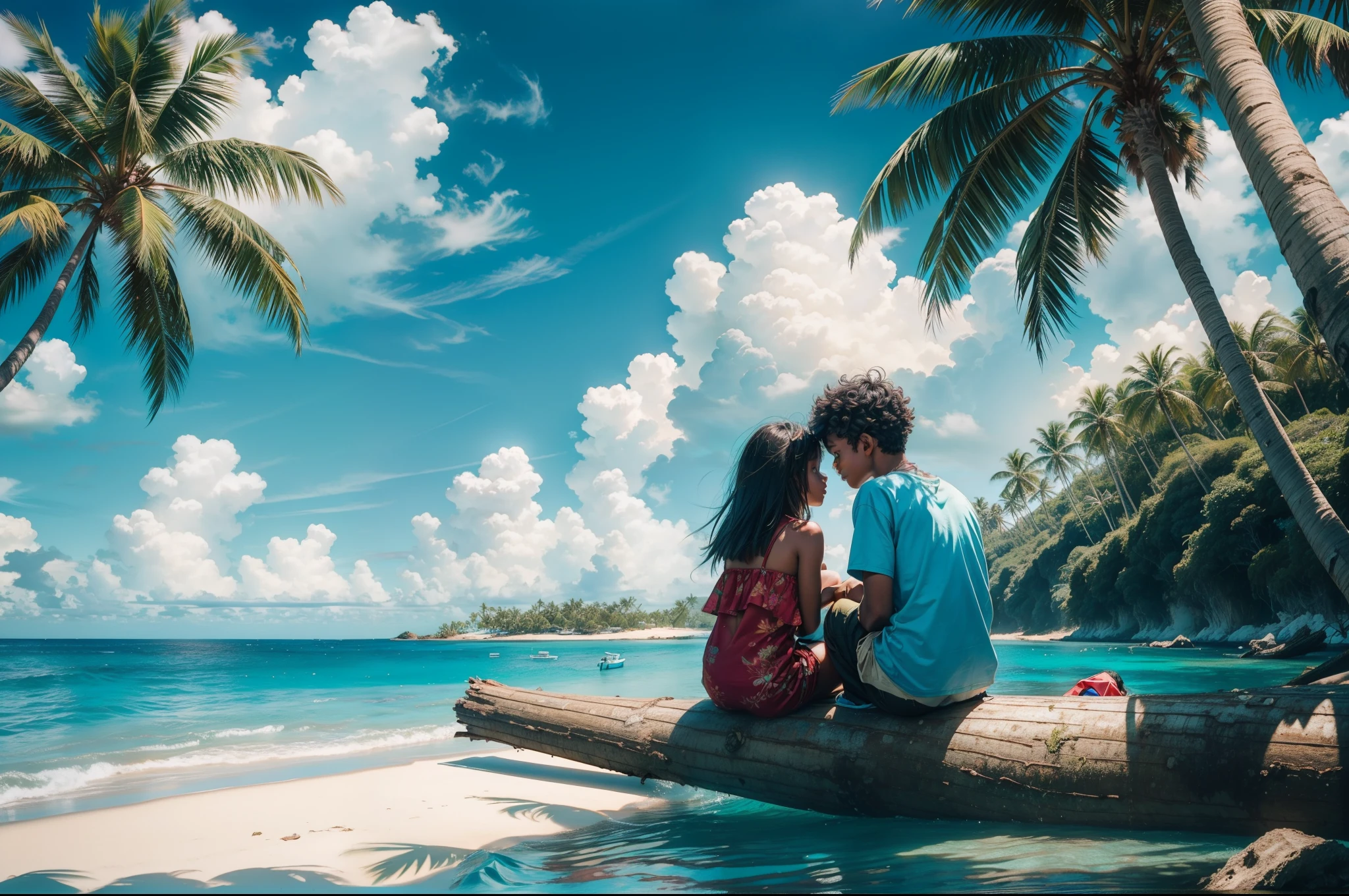 View of a paradisiac isolated Caribbean island, with palm trees an vegetation, clear sand, a couple of kidS with torn clothes, disheveled, sitting on a log near the water, fishing. Happy palette of colours. Sunny day.