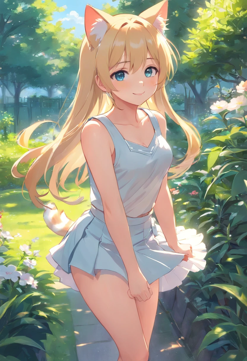 Cat-eared girl in white dress standing in garden, Break,A blonde long-haired,eBlue eyes,(((Sleeveless))), smiling mischievously, nedium breasts,(((Pull up the skirt to reveal the panties))),loli in dress, small curvaceous loli, (tchibi:1.3), Guviz-style artwork, Guweiz in Pixiv ArtStation, Guweiz on ArtStation Pixiv, Guviz, small li girl, Soft anime illustration, Anime visuals of cute girls, Detailed digital anime art