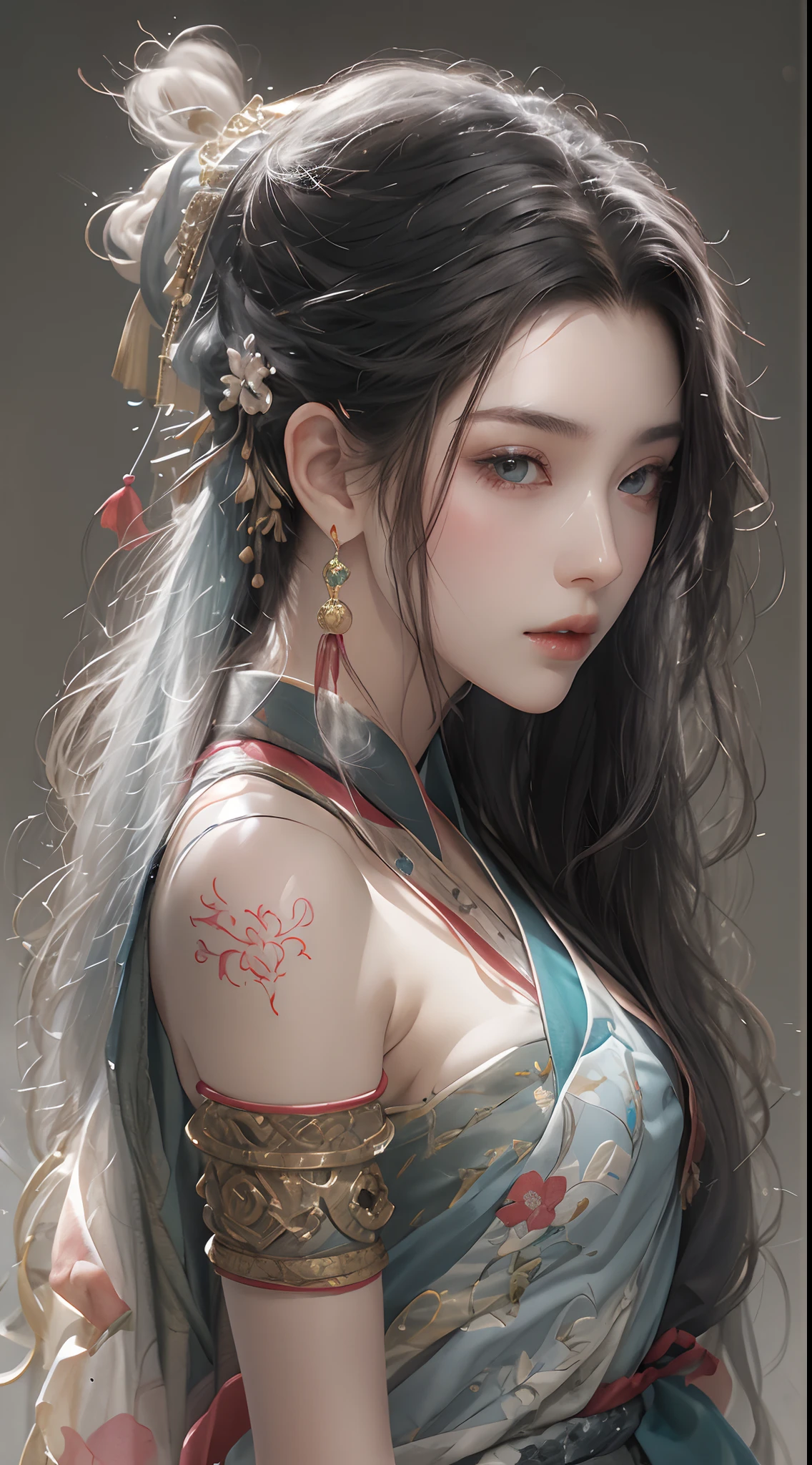 Photorealistic, high resolution, 1 woman, Hips up, Beautiful eyes, Long hair, ringed eyes, jewelry, tattoo, Hanfu, Chinese fairy, Back view