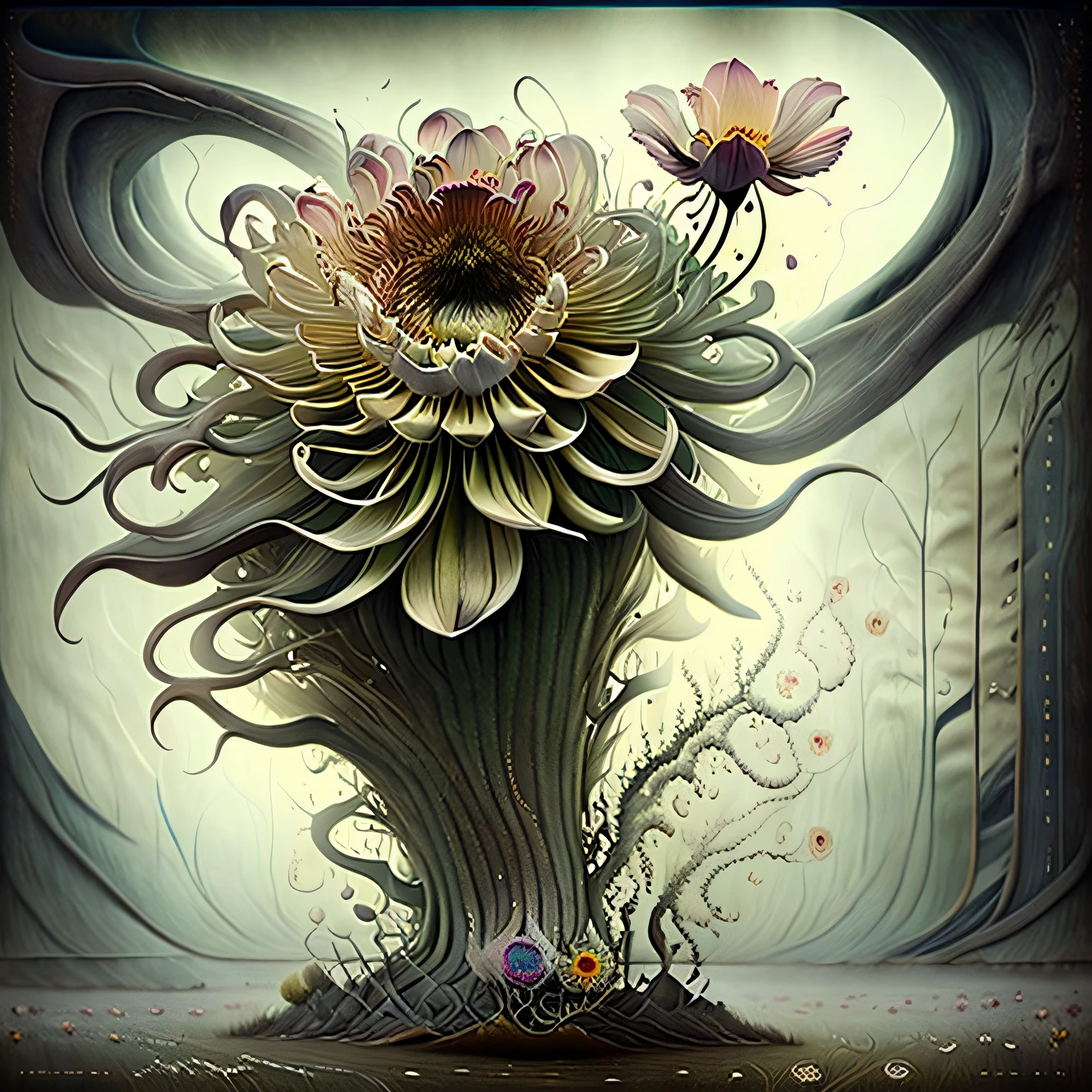 Surreal flower with alien dna dissolving into psychedelic flower petals, foggy atmosphere, sunlight gleaming, extremely cinematic and photorealistic, john bauer style, colorful, vivid colors