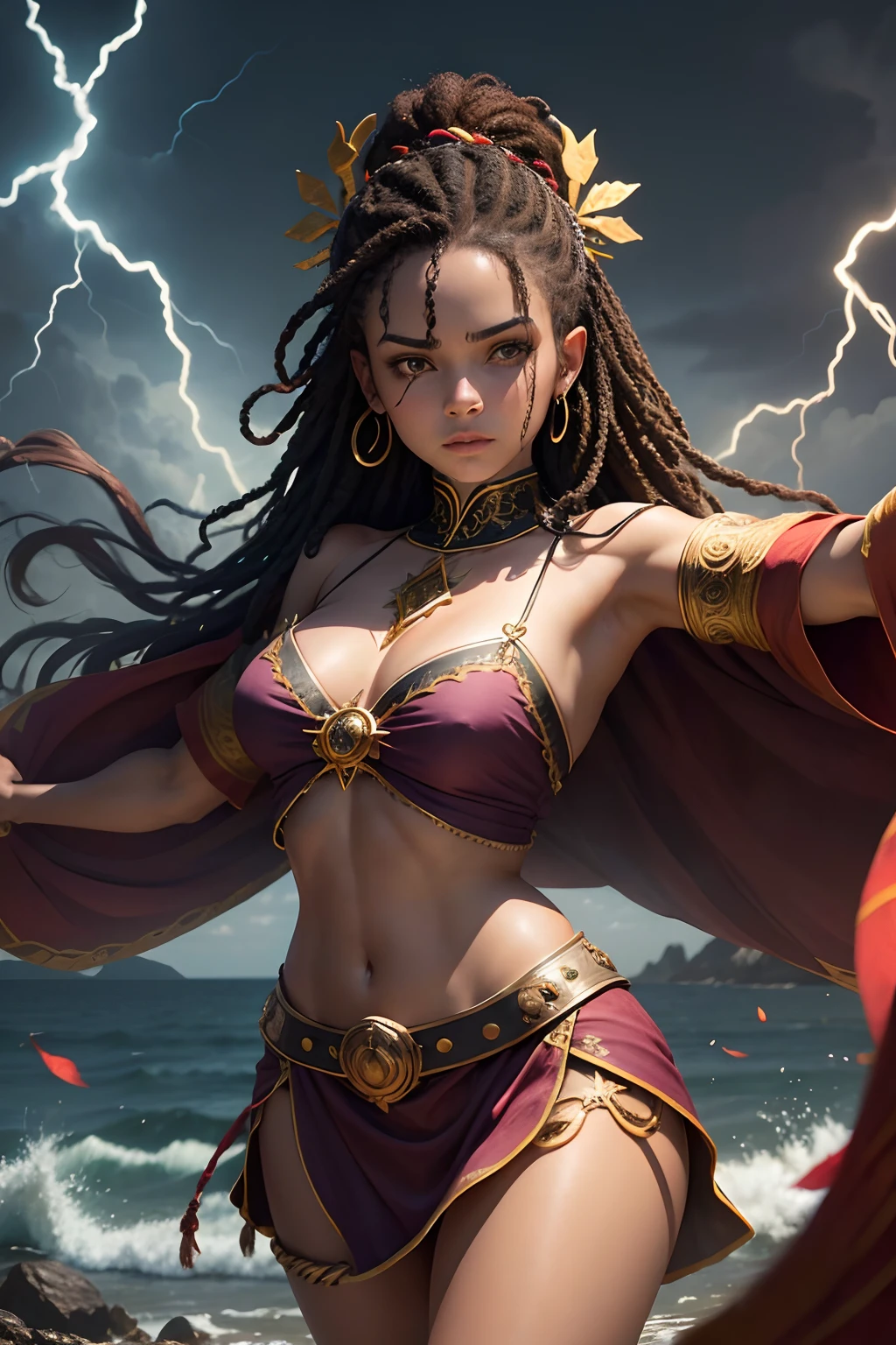 Uma mulher Moreno, de cabelo afro cabelo caindo para frente, Rasta type but braided,tiro de corpo inteiro, Olhos firmes, olhando para frente estilo modelshoot, 8k extremamente detalhado), foto de corpo inteiro da mais bela obra de arte do mundo, bruxa rosa medieval inglesa (dragonborn druid), black silk tunic, magia da natureza, era medieval, pintura de verde-azulado e dourado, Petals, campo, Action Pose, casting a spell, magia rodopiante verde tiro de corpo inteiro, olhos firmes, olhando para frente, lightning in the sky, arms extended, olhando para frente, parado no topo de uma montanha, manto e capa vermelhos, cruz brilhante no ar Olhos firmes, olhando para frente, Lightning in the sky, arms extended, olhando para frente, parado no topo de uma montanha, manto e capa vermelhos, Shining cross in the airA realistic 4K phoenix with orange feathers, with a serious expression and looking forward, corpo inteiro. Rasta type but braided,tiro de corpo inteiro, Olhos firmes, olhando para frente, Lightning in the sky,