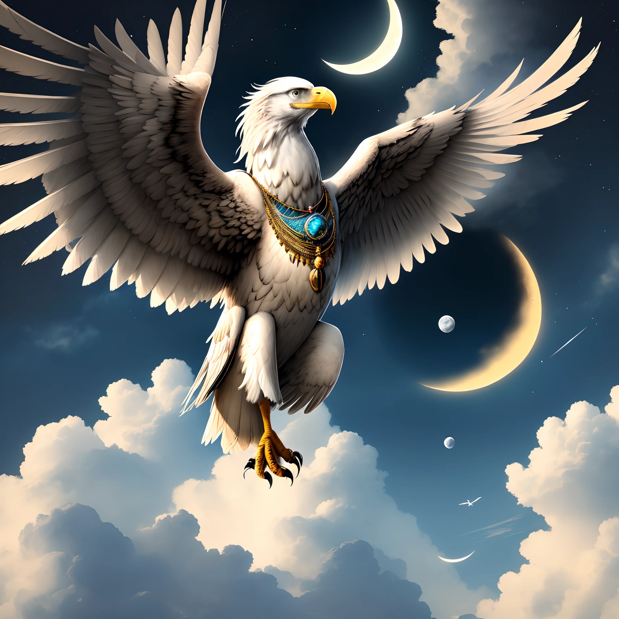 Wings of an eagle，The headdress of the clouds，Necklace of the moon，Fly in the sky and look up at the world