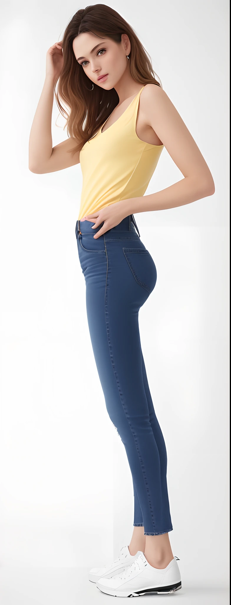 a woman in a yellow top and jeans posing for a photo, cintura magra e quadris grossos, pants clothes clothes tight jeans, pose lateral, perto de um magro, jeans, standing pose, Pose distorcida, wearing pants clothes pants pants pants jeans, distant full body view, pants clothes pants clothing pants black jeans extremely tight, quadris largos, pants clothes pants pants clothes pants jeans blue, Pose de perfil de corpo inteiro, back pose, quadris mais largos, fotografia realista, fotografia, obra-prima, realista, Realismo, renderizado, Alto contraste, Arte Digital, fotográficorealista, trend in Artstation 8k HD, high definiton, circunstanciado, Realistic, detalhada, textura da pele, hiperdetalhada, Textura realista da pele, melhor qualidade, ultra high-resolution, (fotografia realista: 1.4), alta resolução, detalhada, fotografia crua, sharp resolution, Nikon D850 filmes, fotografia de stock 4, Kodak Portra 400 Camera F1 Lens.6, textura hiper realista, lighting dramatic, Unrealistic trend in Artstation Cinestill 800, ..RAW.