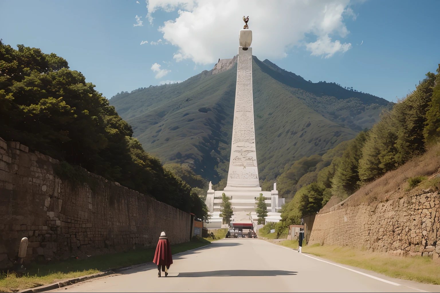 A giant tall Buddha statue in the distance,Pilgrims on the road