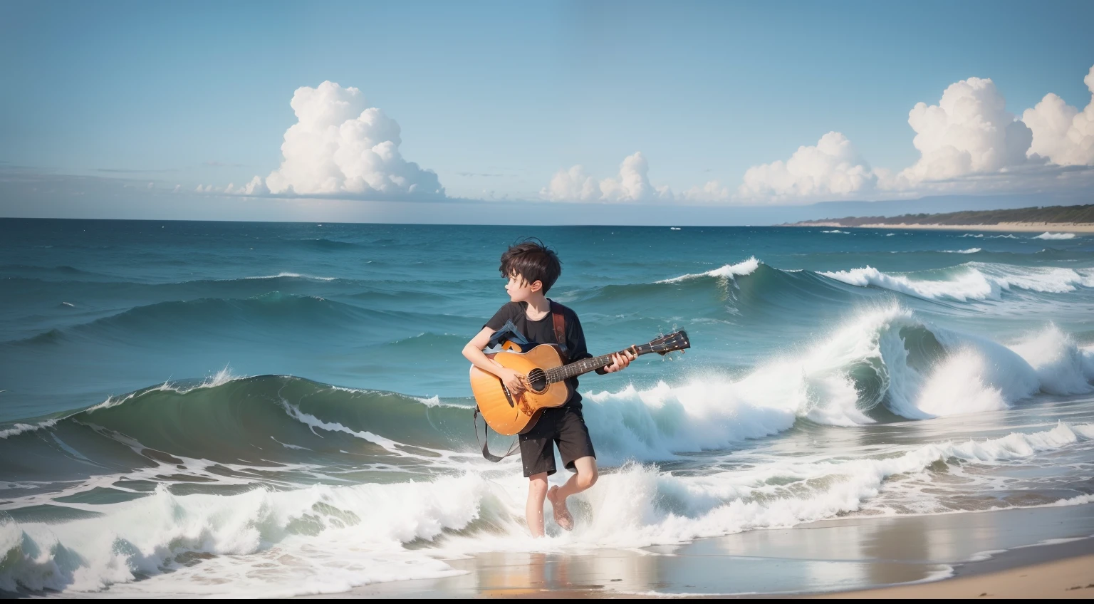 A distant boy sinking into the ocean with a guitar