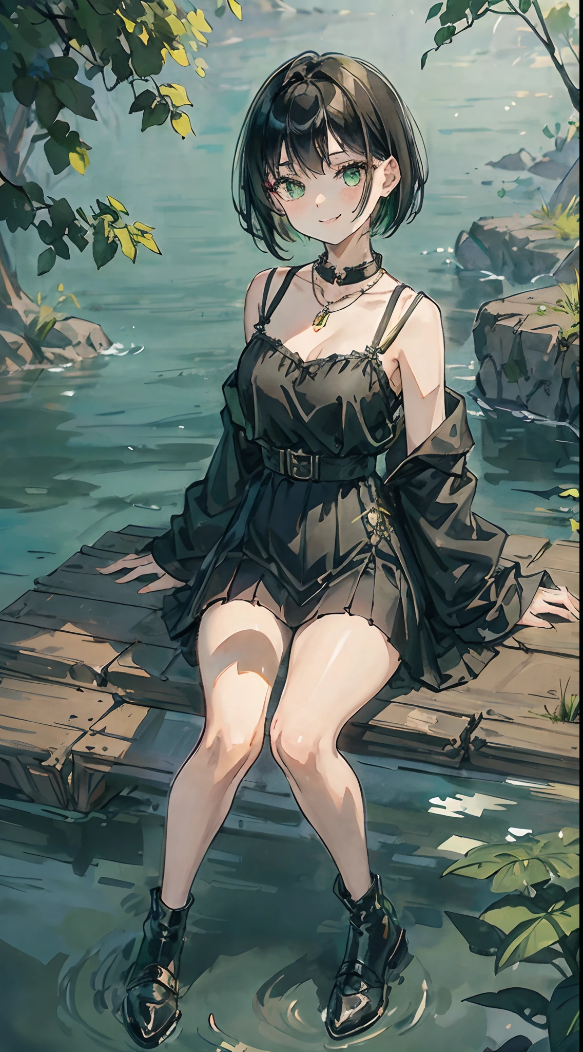 absurdres, RAW photo, extremely delicate and beautiful, masterpiece, Best Quality, ultra high resolution, 32k, hyperrealistic, ultra-detailed, delicate facial features, beautiful detailed woman, tearful mole, earring, medium breasts, full body shot, medium hair, black hair, Legendary Pirate, blouse, short skirt, off shoulder, Eroded Coastline,