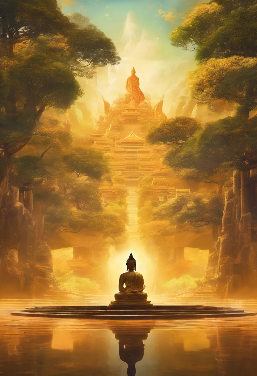 A huge Chinese-style Buddha statue in the distance,Golden Buddha statue, Texture, Tall, Majestic, inverted image, The background is illuminated by sunlight, Towering trees, Pilgrims walk the road. The composition is beautiful, With masterpieces, Details, and high definition