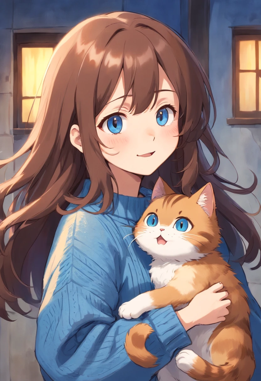 Soft, cute mature neko with puffy brown hair wearing a loose fuzzy blue sweater, adorable, has cat fangs and a blushy look on her face, OwO