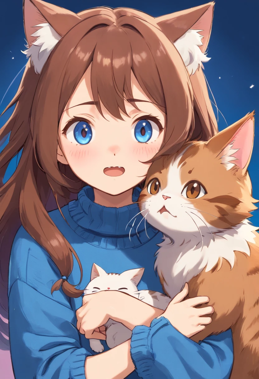 Soft, cute mature neko with puffy brown hair wearing a loose fuzzy blue sweater, adorable, has cat fangs and a blushy look on her face, OwO