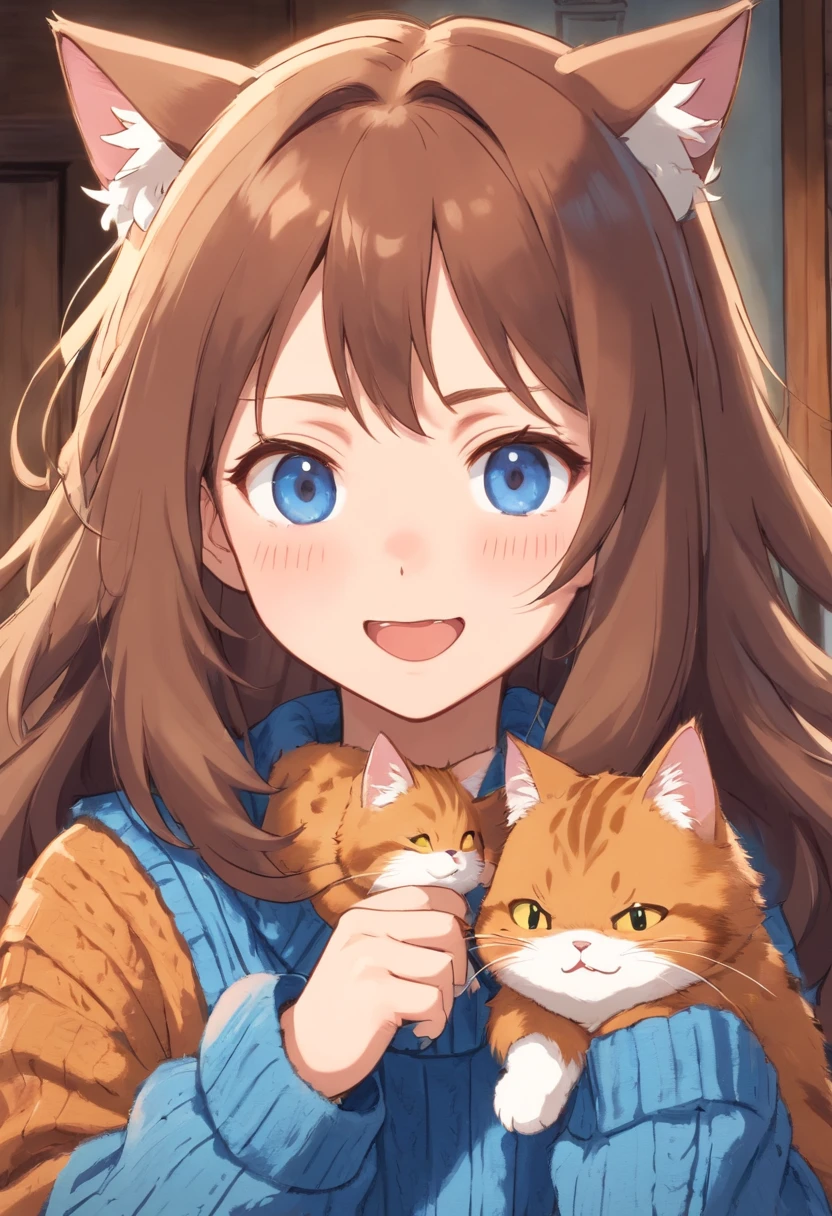 Soft, cute mature neko with puffy brown hair wearing a loose fuzzy blue sweater, adorable, has cat fangs and a blushy look on her face, OwO