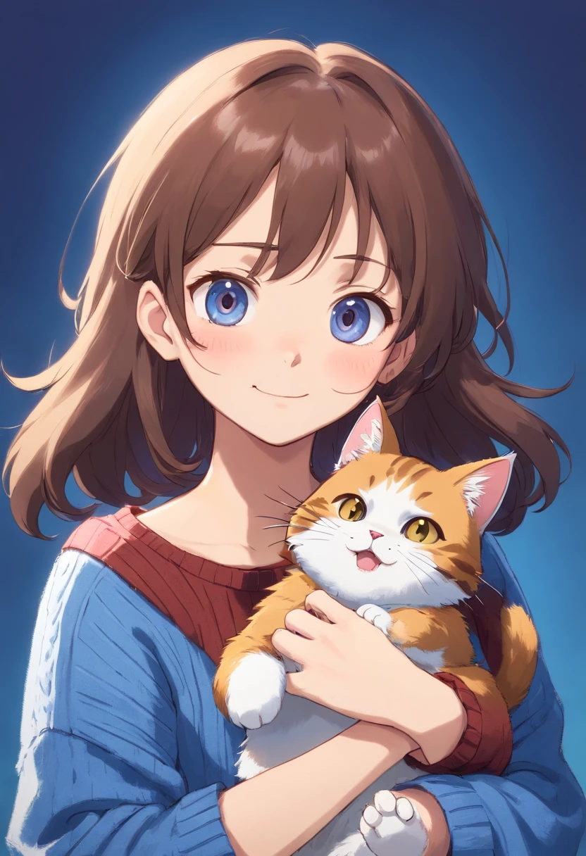 Soft, cute mature neko with puffy brown hair wearing a loose fuzzy blue sweater, adorable, has cat fangs and a blushy look on her face, OwO