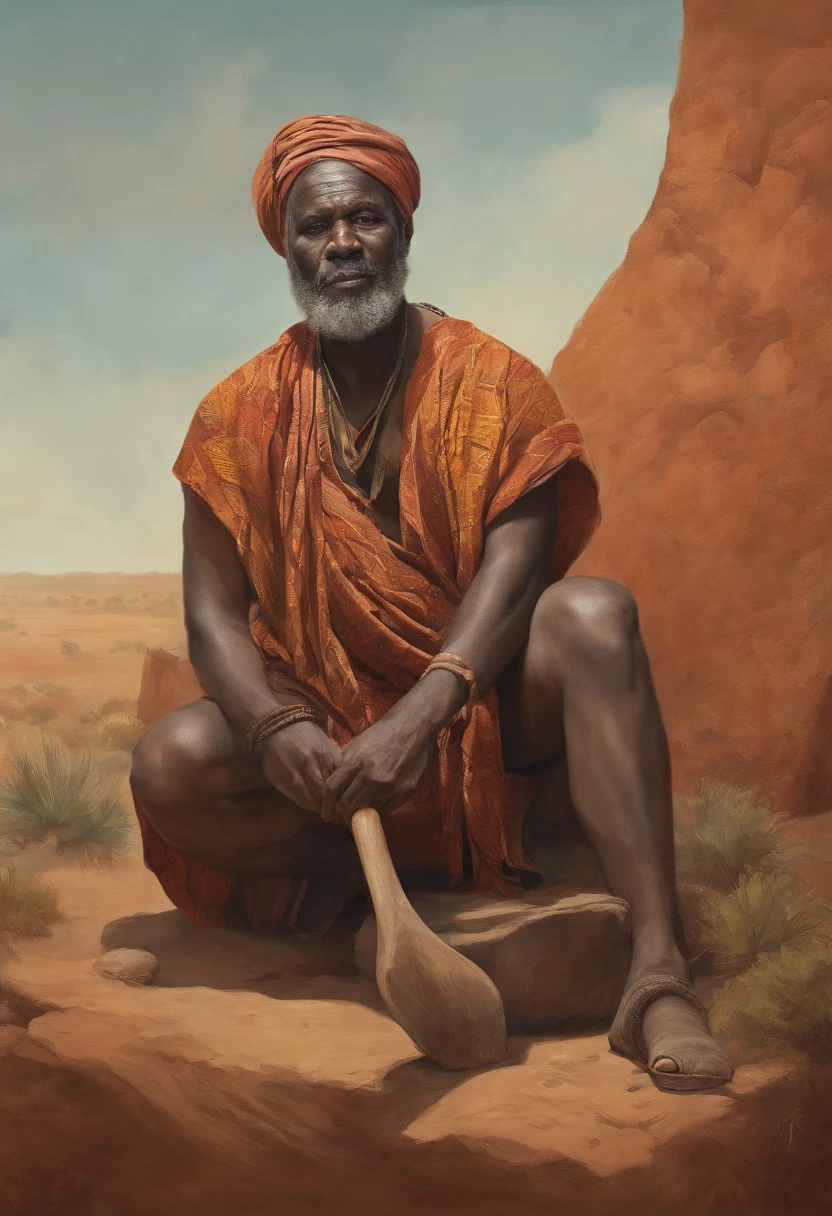 um rei africano com sua coroa, homem maduro envolto pelo poder do fogo, carrying an axe in his hand, sitting in a meditation position, diante de um horizonte lindo, com o sol se pondo, in connection with your ancestors, Foto retrato, Directed by: Drew Tucker, Directed by: Adam Marczyński, Directed by: Alexandre Kucharsky, Directed by: Gavin Nolan, Surrealismo 8K, Directed by: Jason Felix, Yuri Shwedoff e Tom Bagshaw, arte ilustrativa, Estilo Erik Johansson