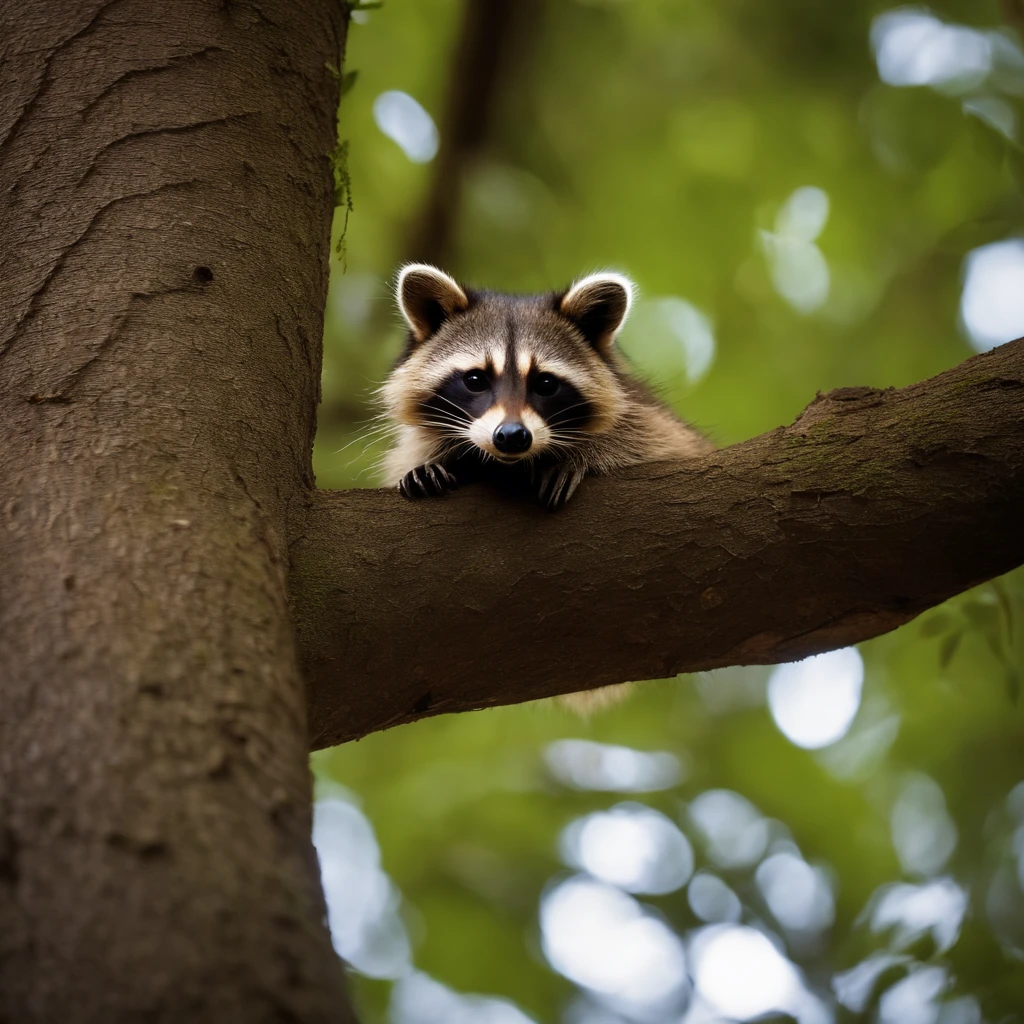A raccoon lying lazily on a hollow tree trunk, localizado em uma floresta densa. O guaxinim exibe sua pelagem listrada e mascarada, with a calm expression on his face. The scene is illuminated by beams of light filtering through the leaves of the trees, criando uma atmosfera serena e natural. The hollow trunk provides a cozy refuge for the raccoon in the lush, green forest.