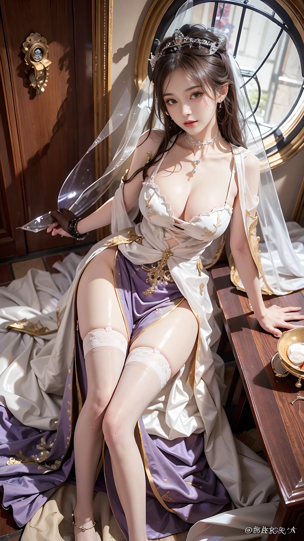 Arapefi, (Purple princess dress,1.5), Look up at the camera, wearing high heels,Wear a crown,choker necklace,ssmile,Close up from above,next to a window, In the castle, Sense of transparency,(oversized boobs,1.5),Expose cleavage,Turn around and look at the camera,tmasterpiece,Flawless,Sense of transparency,Empty inspiration,More details and decoration,Exposing thighs,8K,(Wear decorations such as rings,1.9),White-colored skin,Ornate ornament,White waist stockings,one-girl,(Dissection is correct,PremiumQuality, high detal, Masterpiece)