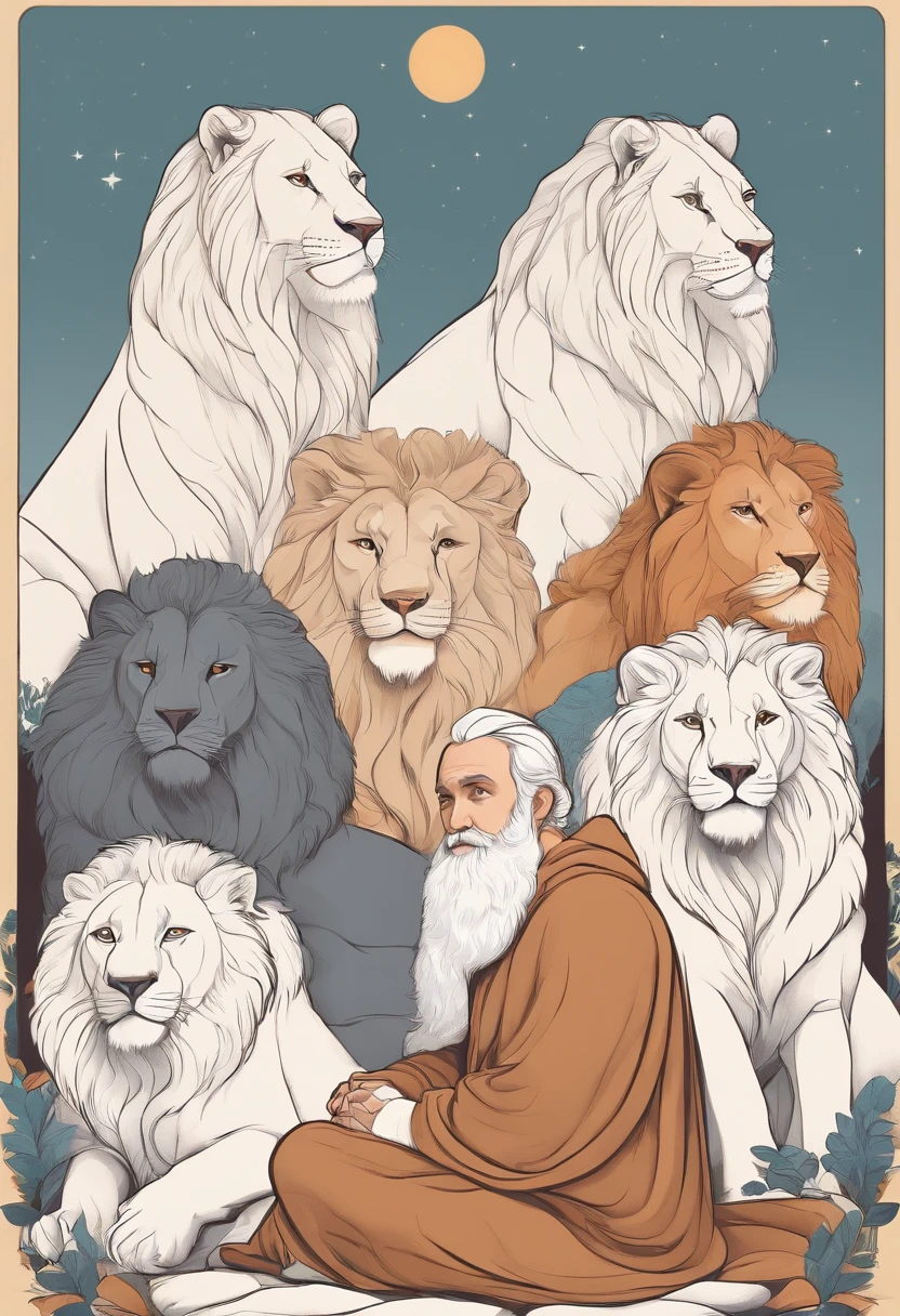 Disney style, white skin, white beard, coloring book, minimalism, simple lines, white background, STICKER, WHOLE BODY, A CUTE man sitting in front of a group of big lions, Praying, Praying to God, angel protecting, A detailed illustration, in the style of Studio Ghibli, 3D vector art, cute and quirky, fantasy art, Adobe Illustrator, hand-drawn, low-poly