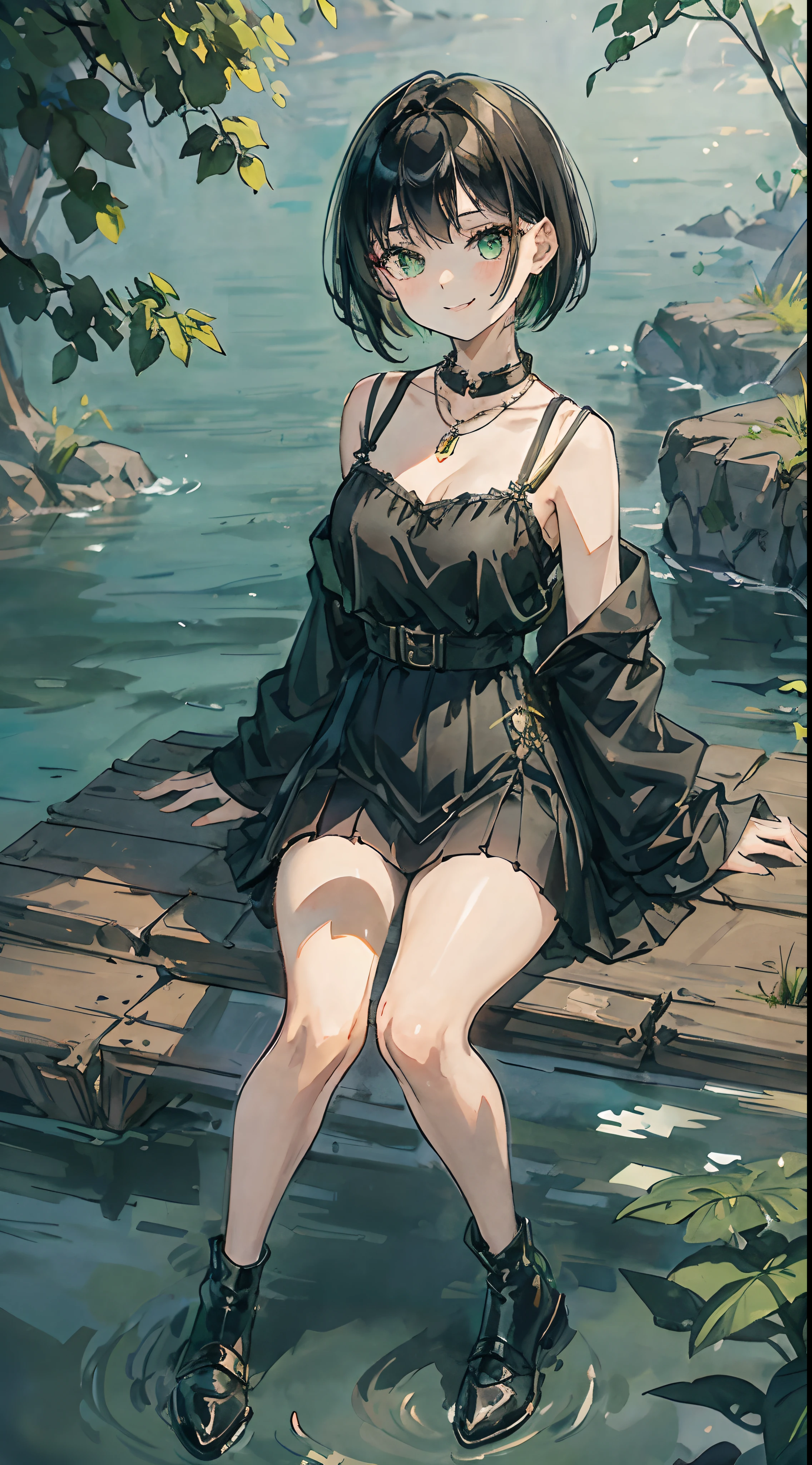 Short black haired and green eyed girl has a black bralet and black skirt, she has necklace. Waring black shoes. She's sitting next to a lake and smiling to the camera