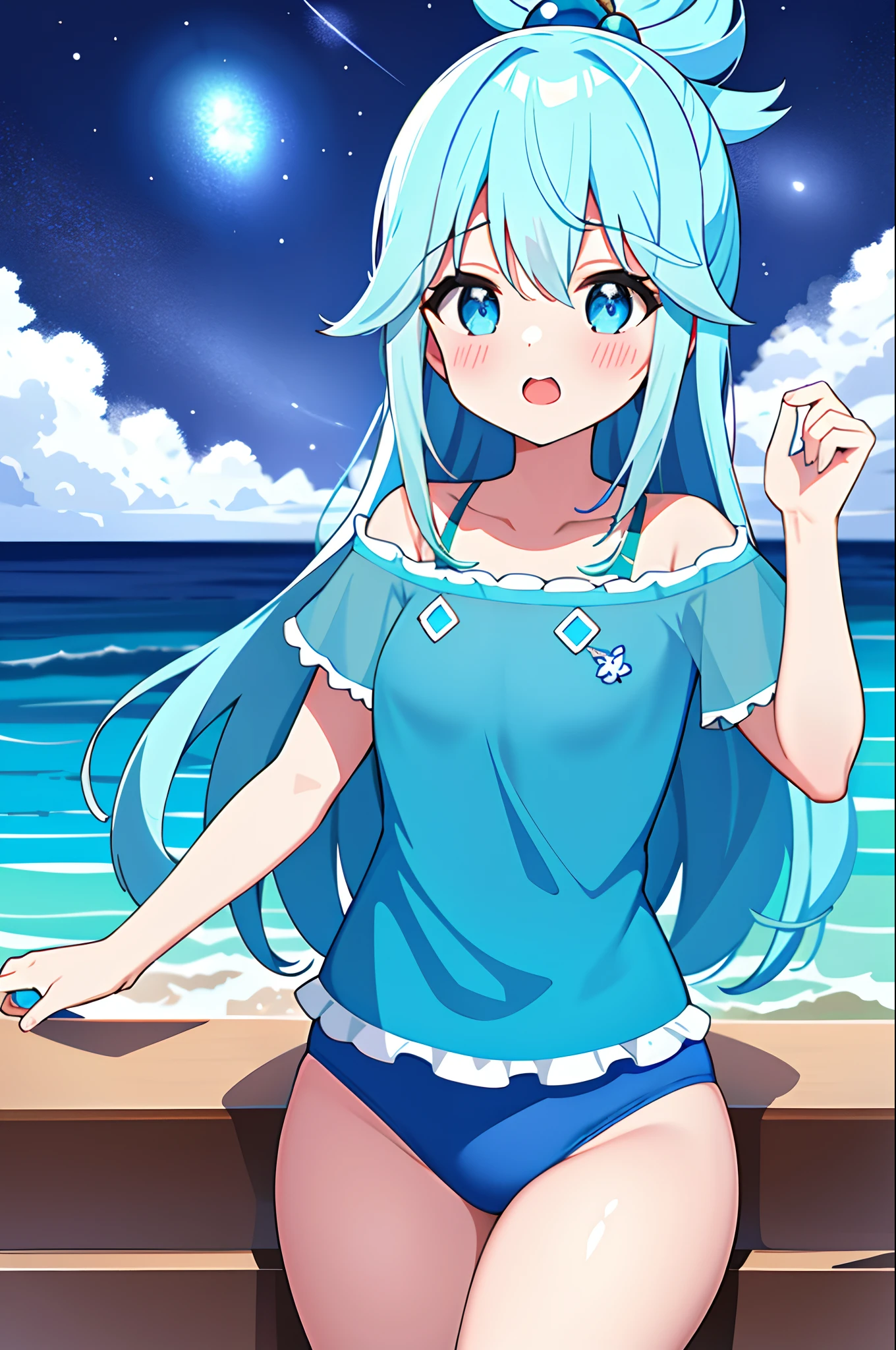 (Masterpiece) (High Detail) (High Res) A close up of a short humanoid girl with pale human skin and blue eyes and long blue hair and blue dog ears and a fluffy blue dog tail and average breasts. She is stood on the beach wearing wet and ripped baggy black t-shirt and a ripped pair of denim shorts. Ripped clothes. She has blushing cheeks. She looks nervous. Wet clothes. Wet hair. 