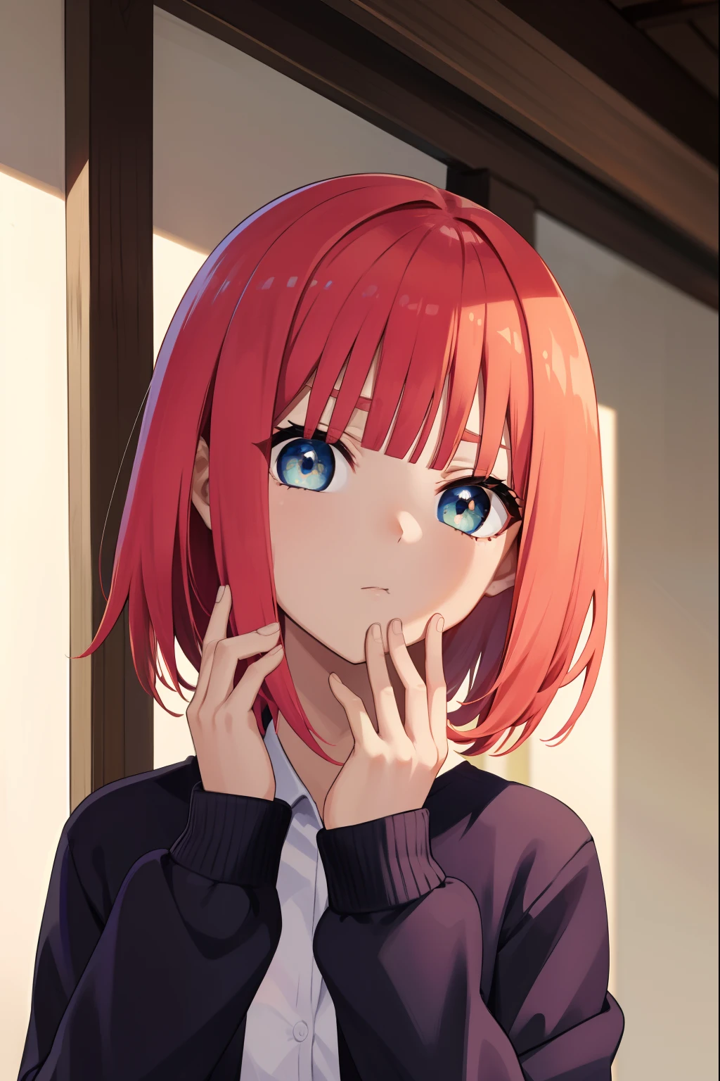 Ninonakano, Nino Nakano, short hair, franja, olhos azuis, ornamento de cabelo, fita de cabelo, cabelo rosa, franja contundente, dois lados para cima, ornamento do cabelo da borboleta,
Saia quebrar, camisa, mangas compridas, camisa branca, saia plissada, roupas abertas, camisa de gola, mangas passadas pulsos, Camisa Vestida, cardigan, saia verde, Cardigan aberto, black cardigan,,
ARROMBAMENTO dentro de casa, sala de aula, escola,
quebrar olhando para o espectador, quebrar (master part:1.2), best quality, high resolution, Unity 8k papel de parede, (illustration:0.8), (belos olhos detalhados:1.6), Rosto extremamente detalhado, perfect lighting, CG extremamente detalhado, (perfect hands, anatomia perfeita),