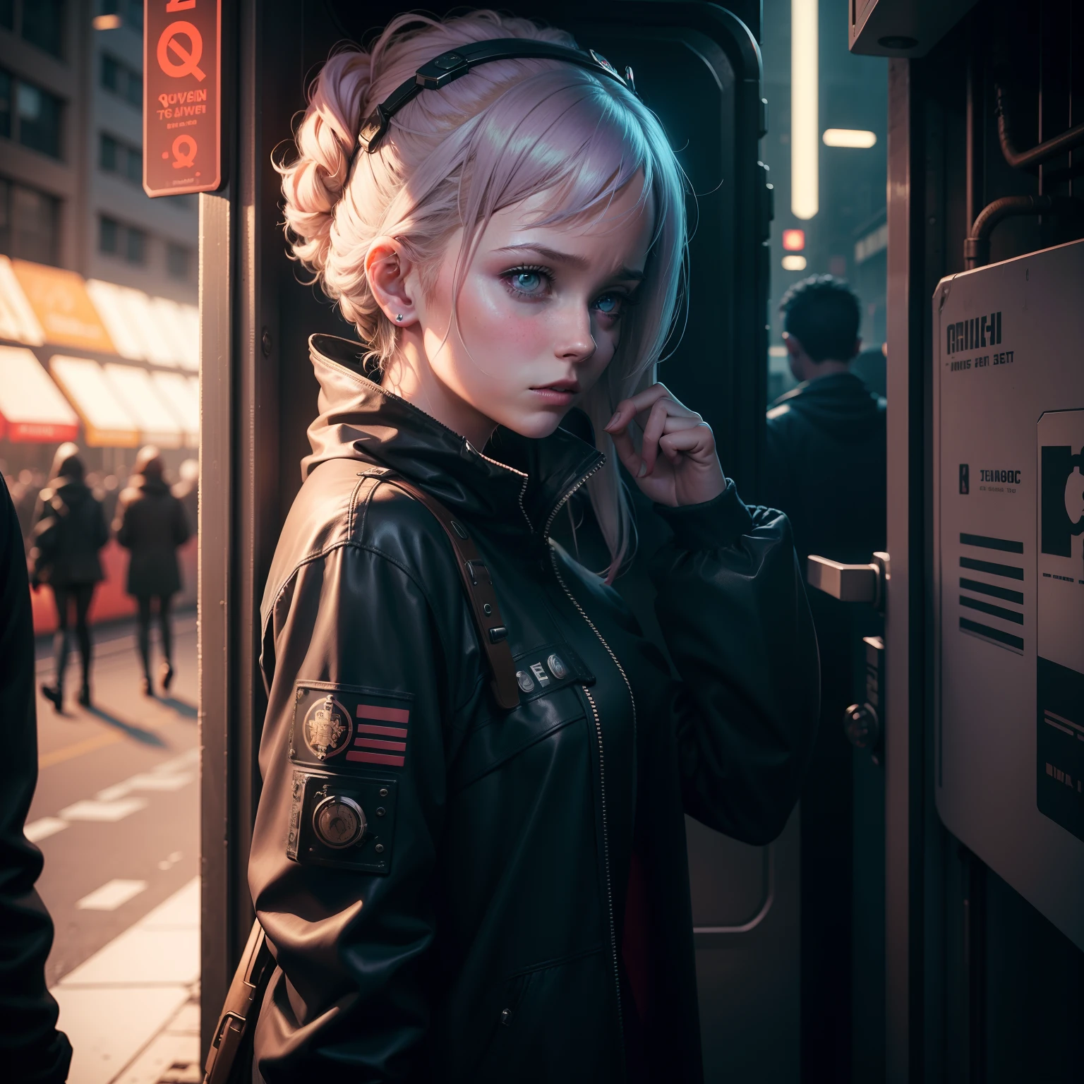 (8k, RAW photo, masterpiece:1.3), (realistic, photo-realistic:1.37), (night), (looking at viewer:1.331), (white hair), posing, Tokyo street, nightcityscape, cyberpunk city, soft light, 1girl, extremely beautiful face, bust, put down hands, Random hairstyle, Random expression, big eyes, lower abdomen, (short-sleeved .JK_shirt), JK_style, (dark blue JK_skirt), (bow JK_tie), mix4., best quality