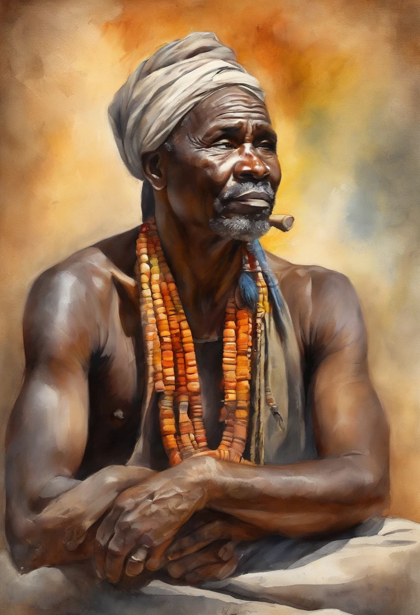 um rei africano com sua coroa, homem maduro envolto pelo poder do fogo, carrying an axe in his hand, sitting in a meditation position, diante de um horizonte lindo, com o sol se pondo, in connection with your ancestors, oil paint style painting, estilo de arte aquarela, estilo colorido, cores vivas