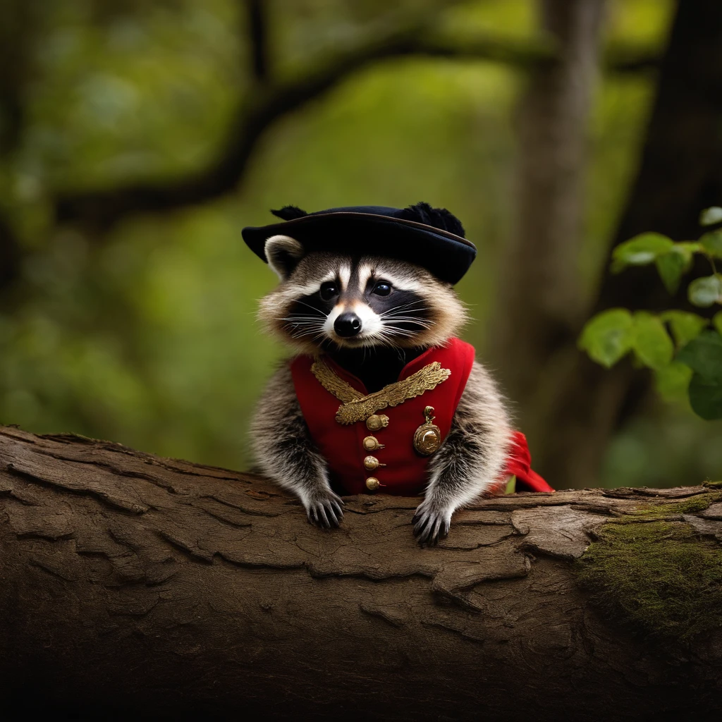 A raccoon dressed in 18th-century soldier's costume finds himself lying relaxedly on a hollow tree trunk amid a dense forest. This quirky raccoon sports a historic uniform, complete with characteristic coat and hat of the time. Sua postura tranquila cria um contraste encantador com a vestimenta militar, enquanto a floresta ao seu redor permanece exuberante e intocada, como se o tempo tivesse parado. Esta imagem evoca uma cena de fantasia, combinando elementos da natureza com uma viagem no tempo para um passado distante.