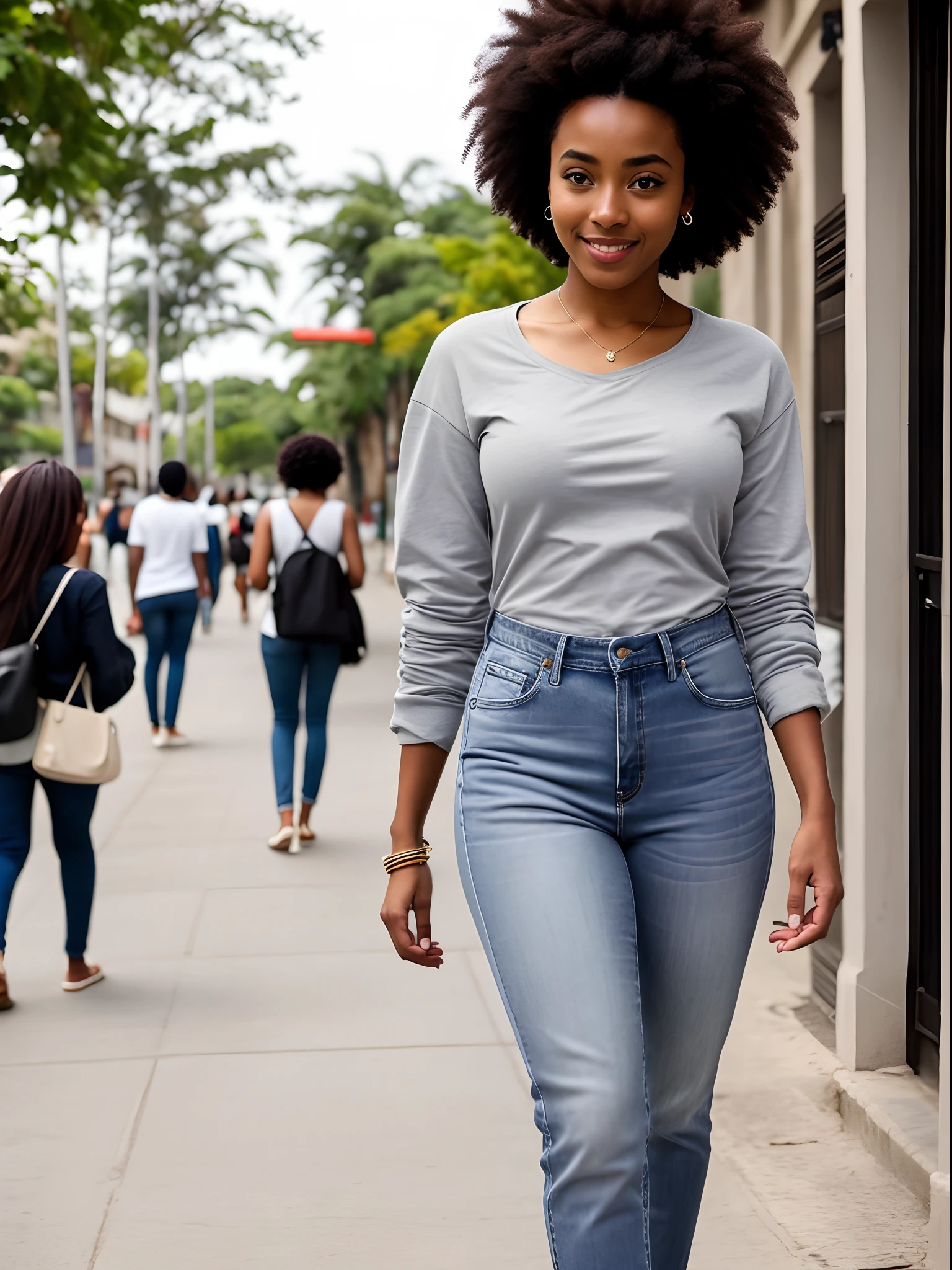 Photo of beautiful ethiopian women, afro bun, gray shirt, jeans, in the street