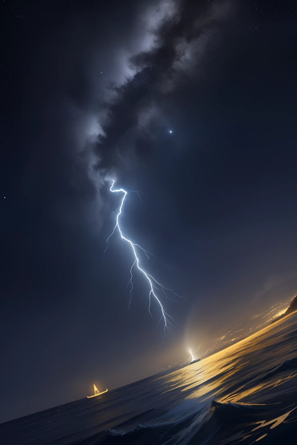 tiro de corpo inteiro, olhos firmes, olhando para frente, lightning in the sky, arms extended, olhando para frente, parado no topo de uma montanha, manto e capa vermelhos, cruz brilhante no ar. ,arte de luz neon, No escuro da noite, Um navio alto navega pelos mares iluminados pela ,lua, Estrelas, colorido, circunstanciado, 4k