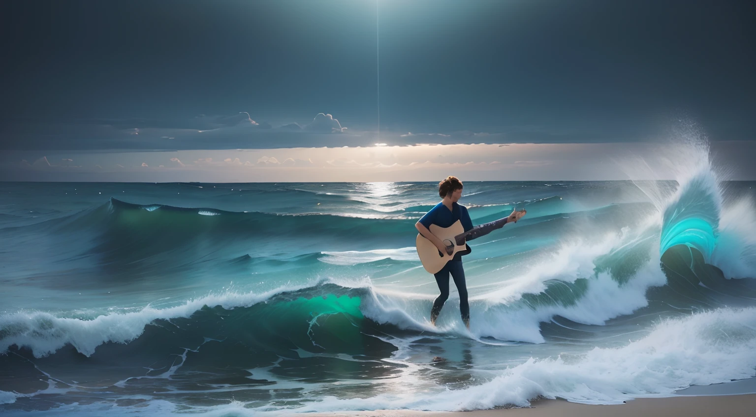 Surfer playing Guitar on a wave in the ocean at sunset, on the ocean water, no oceano, photoreal epic composition, Get up with the sea behind, incredible composition, incredible composition, Cavalgue o vento e as ondas, playing guitar on stage, cantor e compositor, inspirado em Storm Thorgerson, musician, playing the guitar, solo by acoustic guitarra, acoustic guitar, perfect composition and lighting