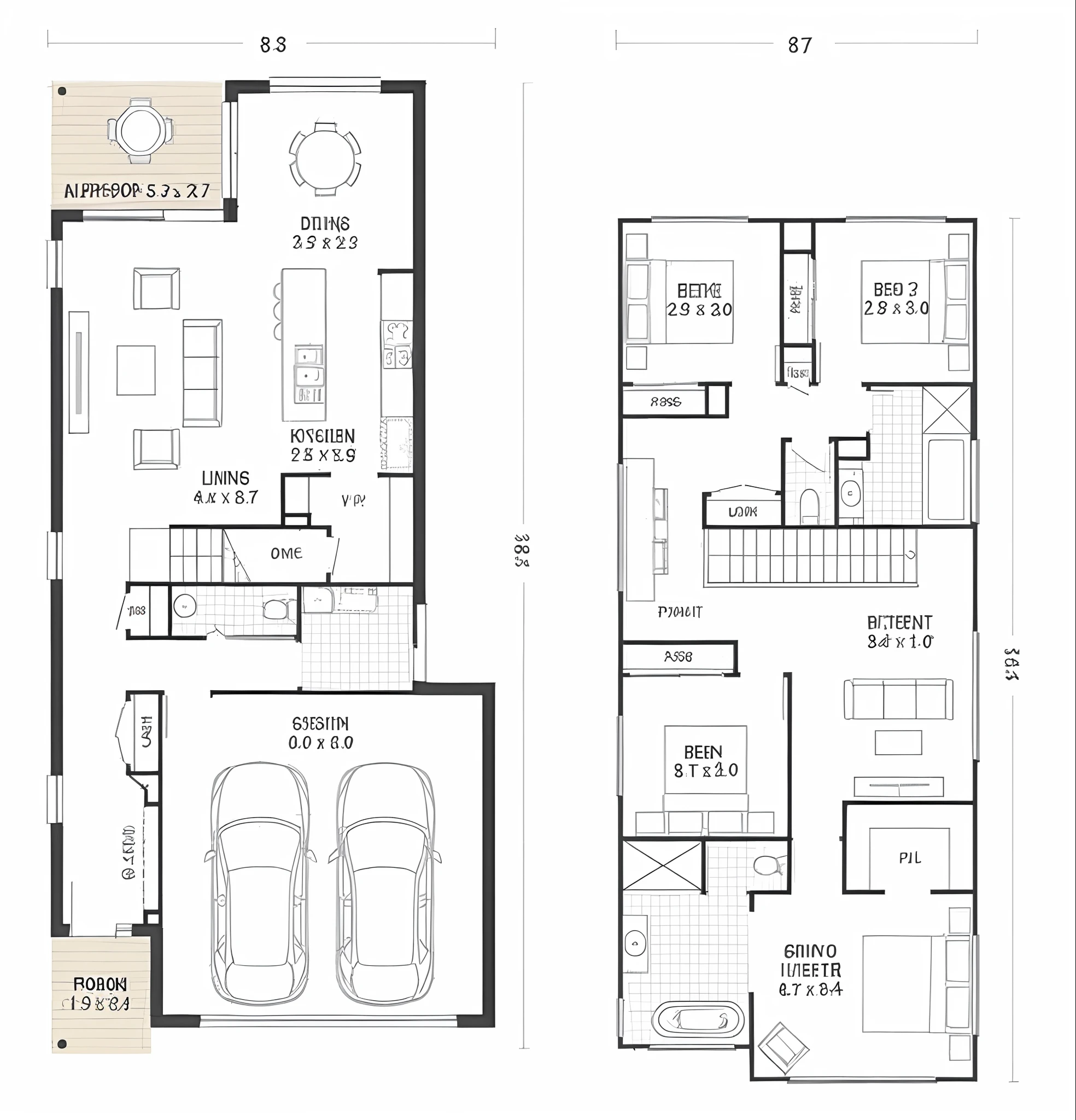 Un dibujo de planos de casas de dos pisos con un garaje y una sala de estar, Vista del plano de planta, plano, Dibujo de planos, plan, desing, Construction plans, Hermosos planes, Single floor plan, high resolusion, Plano de planta, Planta abierta, 2 personas, Dibujo plano, niveles inferior y superior, Planes, 1024x1024, Artistas