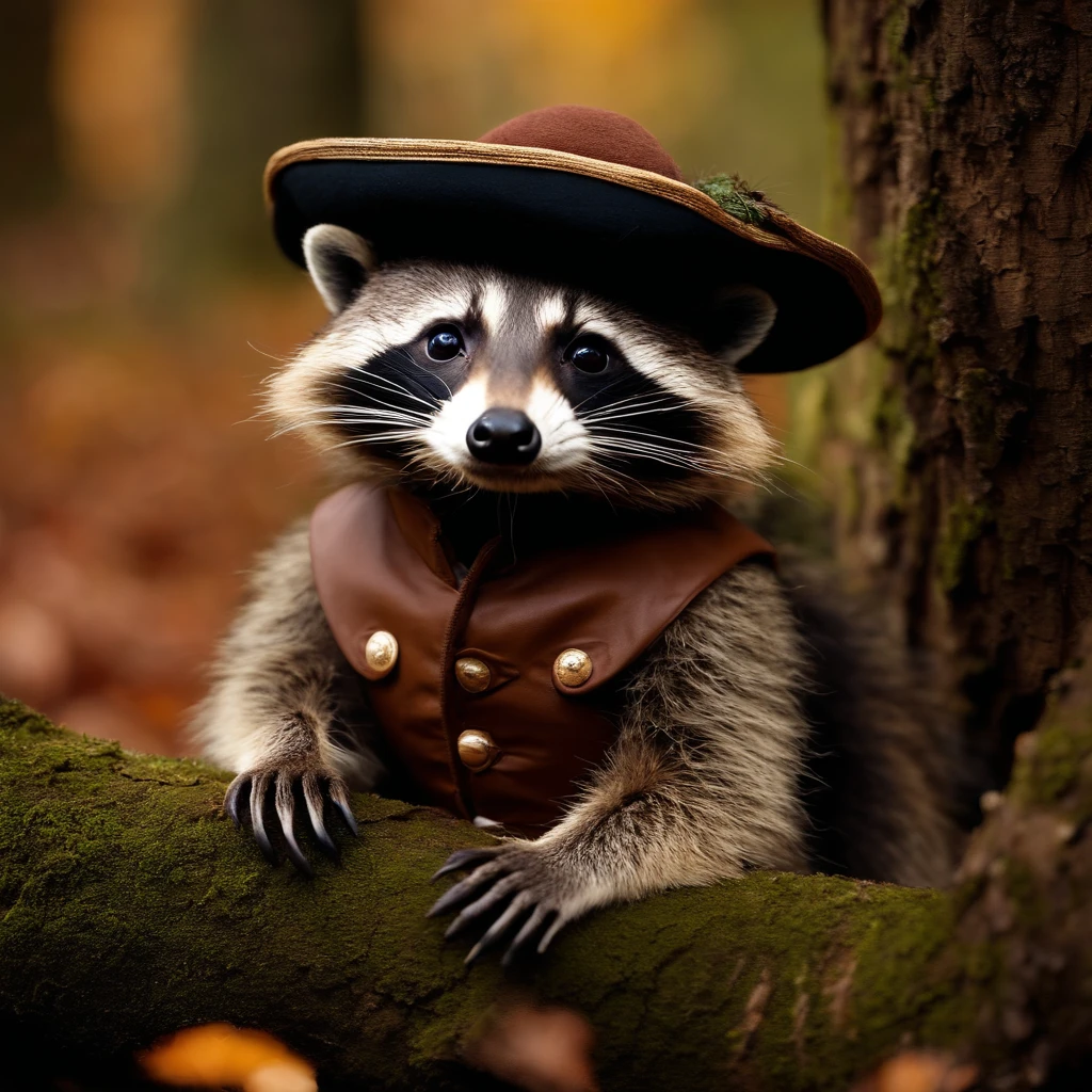 A raccoon dressed in 18th-century soldier's garb finds himself lying relaxed on a hollow tree trunk amid a dense forest. This quirky raccoon sports a historic uniform, complete with characteristic coat and hat of the time. Sua postura tranquila cria um contraste encantador com a vestimenta militar, enquanto a floresta ao seu redor permanece exuberante e intocada, como se o tempo tivesse parado. Esta imagem evoca uma cena de fantasia, combinando elementos da natureza com uma viagem no tempo para um passado distante.