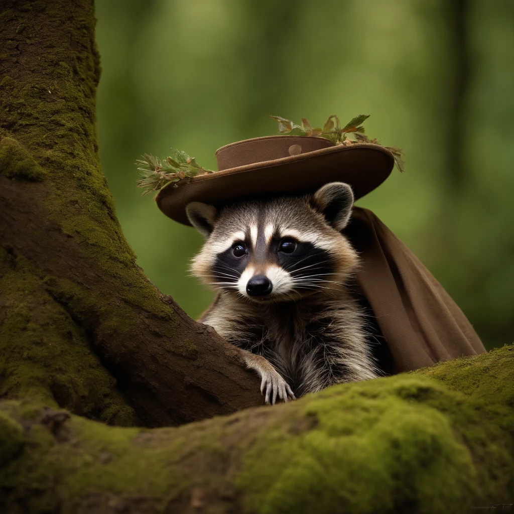 A raccoon dressed in 18th-century soldier's garb finds himself lying relaxed on a hollow tree trunk amid a dense forest. This quirky raccoon sports a historic uniform, complete with characteristic coat and hat of the time. Sua postura tranquila cria um contraste encantador com a vestimenta militar, enquanto a floresta ao seu redor permanece exuberante e intocada, como se o tempo tivesse parado. Esta imagem evoca uma cena de fantasia, combinando elementos da natureza com uma viagem no tempo para um passado distante.