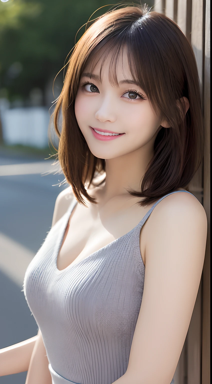 One girl, Casual T-shirts, short hair, 20-year-old Japanese, beautiful, cute face, pretty face, neat, smiling, 8-head body, height 165cm, weight 48kg, bust 83cm, waist 60cm, hips 82cm, Living in Hiroshima City, A college student aspiring to become a model, (((selfie))), ((face focus)), (((portrait))), (from above), ((face)), can't see the head