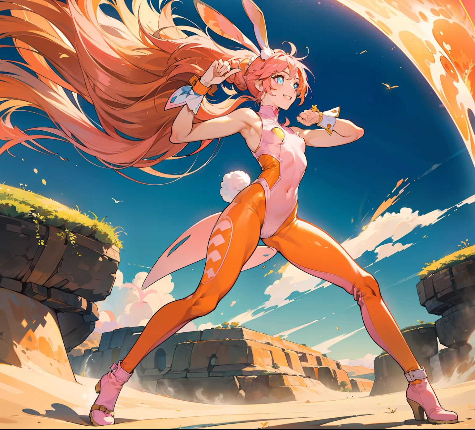 ((Best Quality)), ((Masterpiece)), ((Realistic)) 1woman, cute face, determined look, smile, long legs, full body, adult mature female (spiky orange-pink hair, ((orange-pink mullet 1.1)), (mid length hair), blue eyes, (white/yellow pupil,) hero, sleeveless blue spandex bodysuit, long orange-pink (((rabbit ears,))) desert oasis, tbcc illustration, 8 and a half heads full body, action pose, ((perfect body)) ((cool pose))