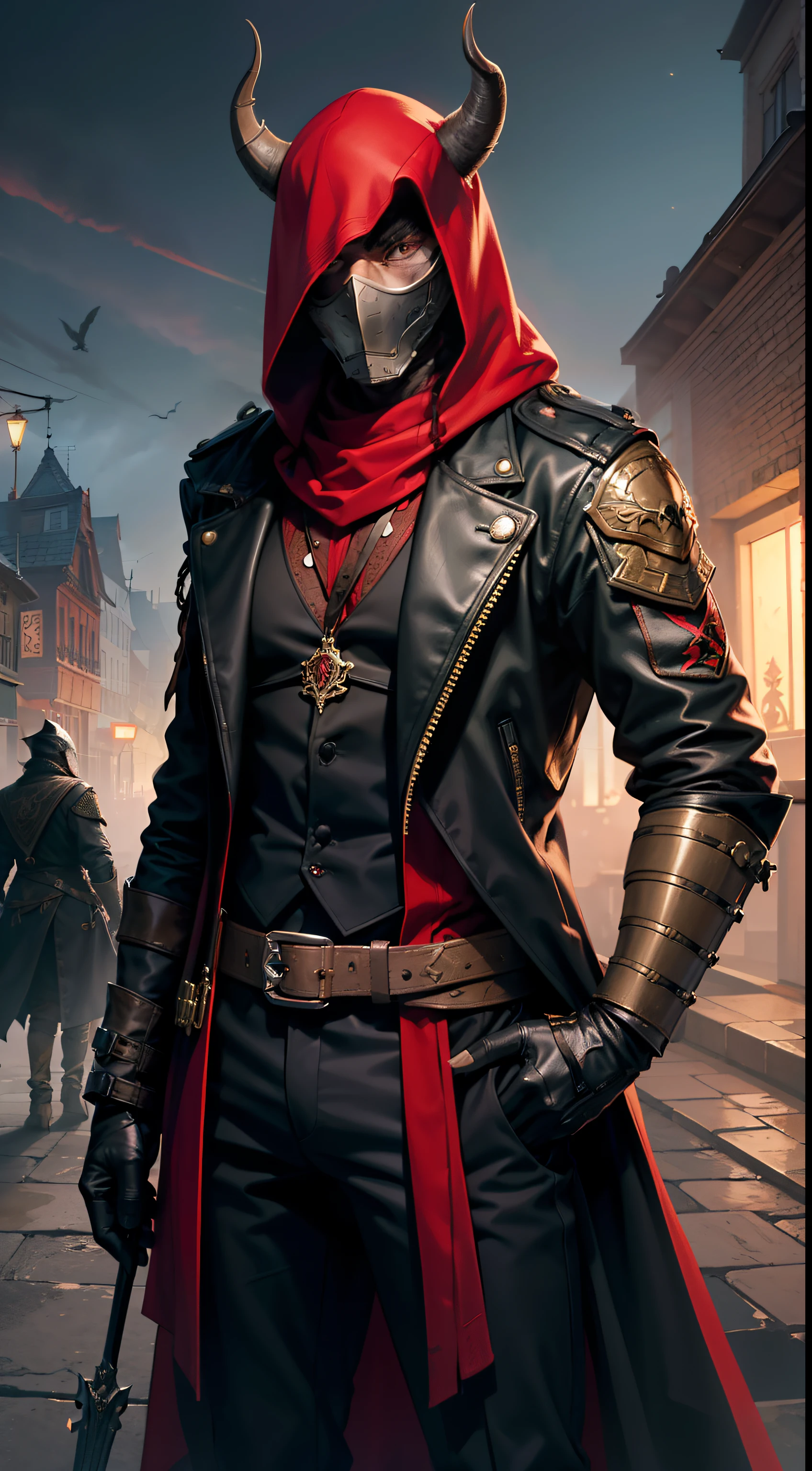 there is a man in a horned mask standing in front of a man, concept art by Galen Dara, trending on cg society, digital art, nite - owl, owl wizard, from vermintide 2 video game, owl wearing black biker jacket, owl mask, thief red riding hood, trending on artstation.', owlbear, more details